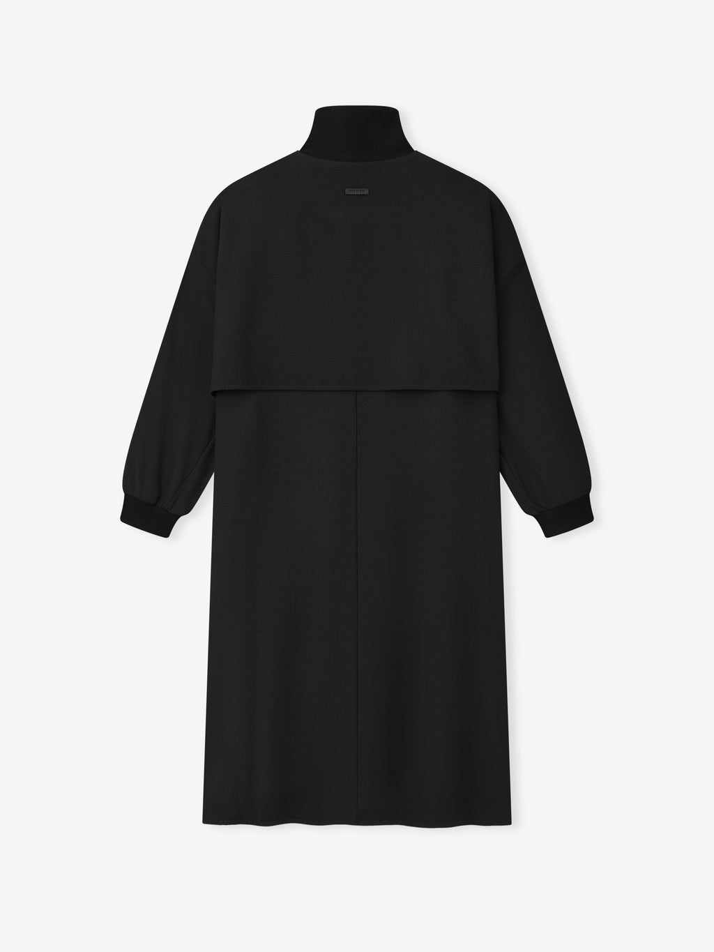 black long-sleeve shirt dress with high collar, back yoke detail, loose fit, and cuffed sleeves in lightweight wool ripstop