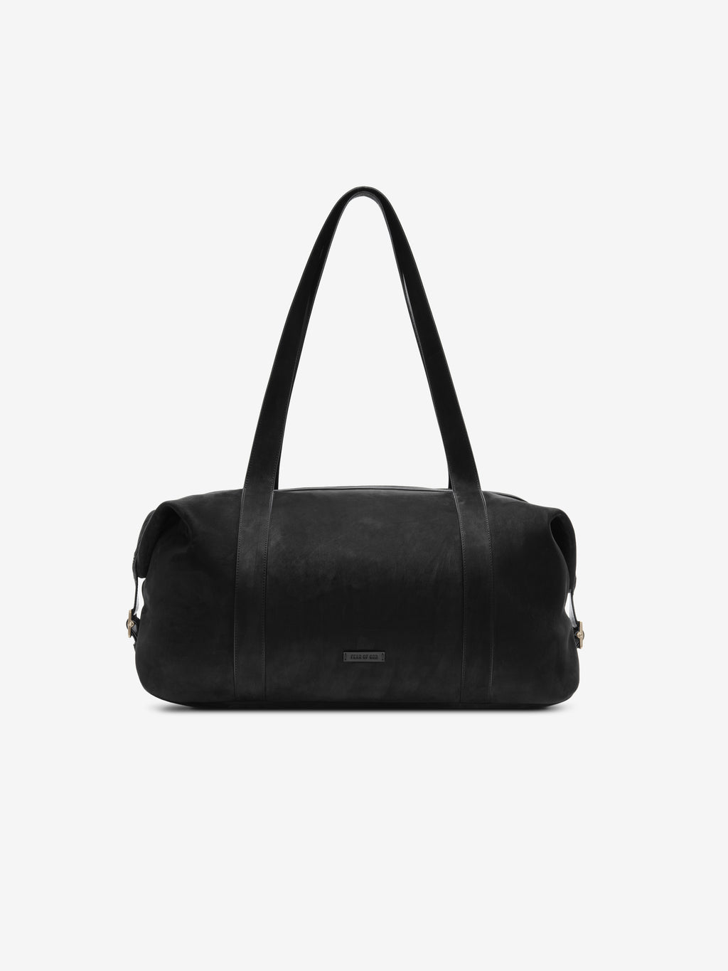 Front view of a Large Belted Duffle in black, featuring a smooth matte finish, dual long handles, and a spacious tubular shape for versatile carry.