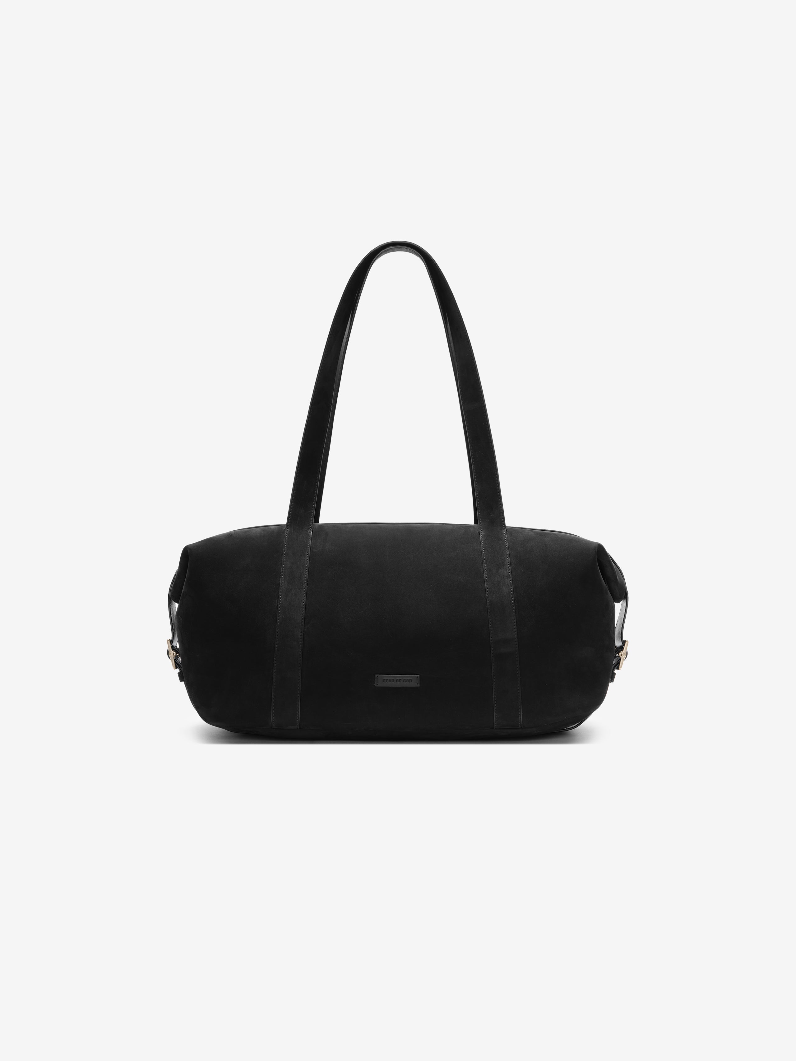 Front view of a Small Belted Duffle in black featuring a smooth leather surface, long shoulder straps, and a subtle logo plaque for understated elegance.