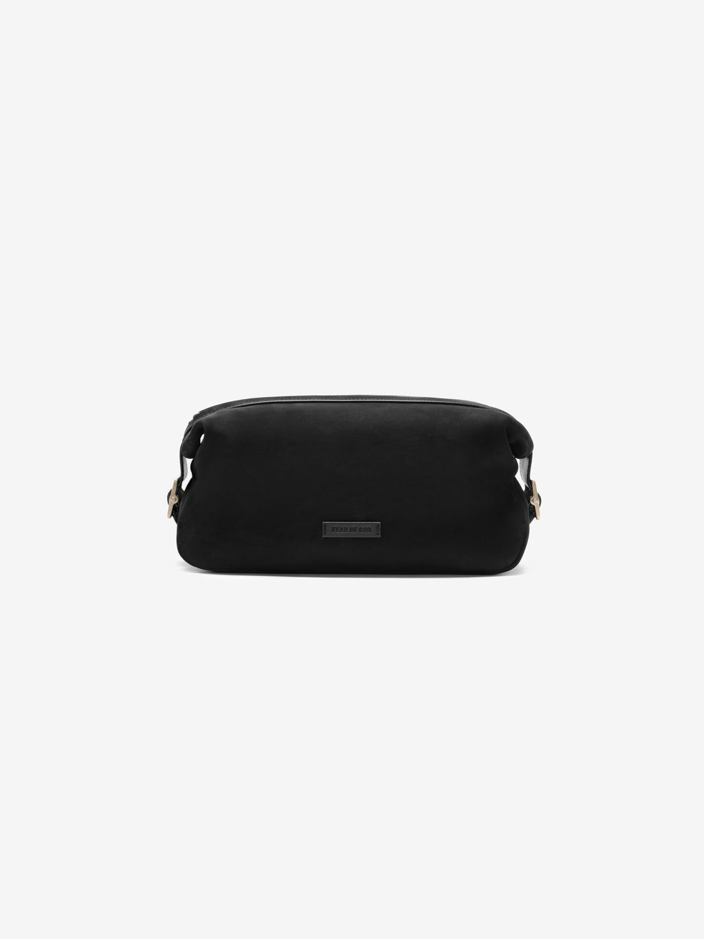 Front view of the Nubuck Leather Belted Pouch in black showing its smooth textured surface, compact shape, and a subtle tonal logo patch for an understated, refined look.