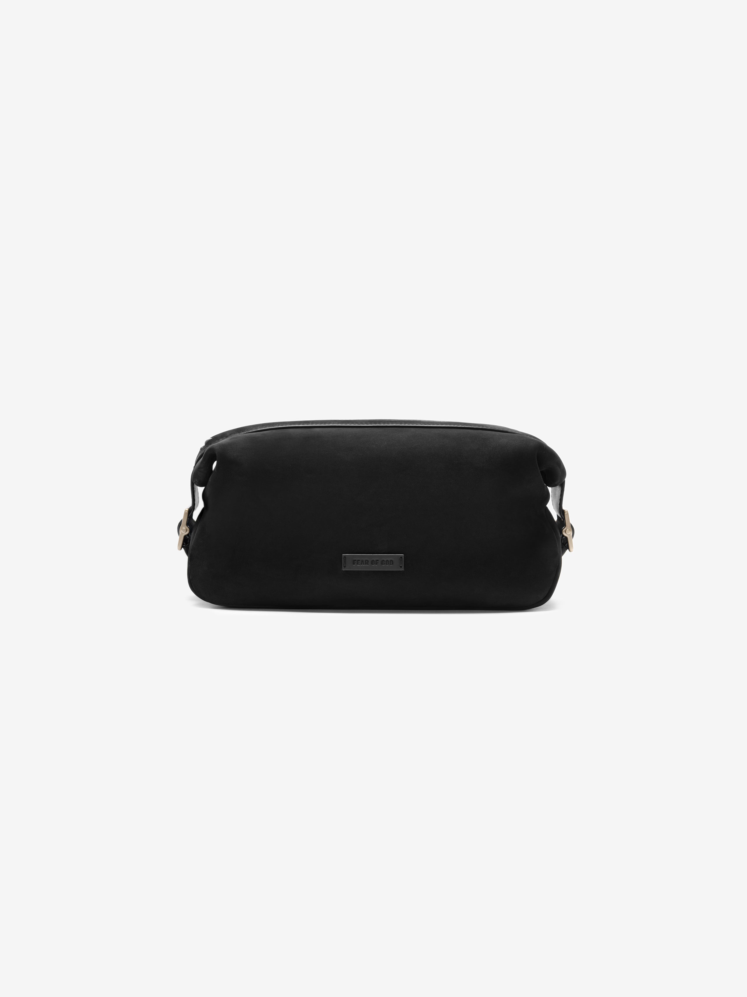 Front view of the Nubuck Leather Belted Pouch in black showing its smooth textured surface, compact shape, and a subtle tonal logo patch for an understated, refined look.