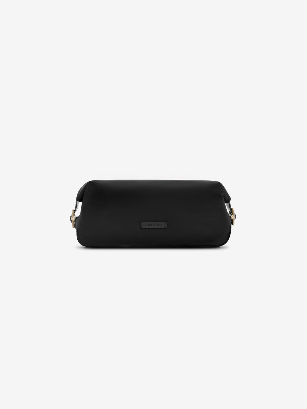 Black nylon pouch with rectangular logo patch and leather-trimmed adjustable side straps on plain background