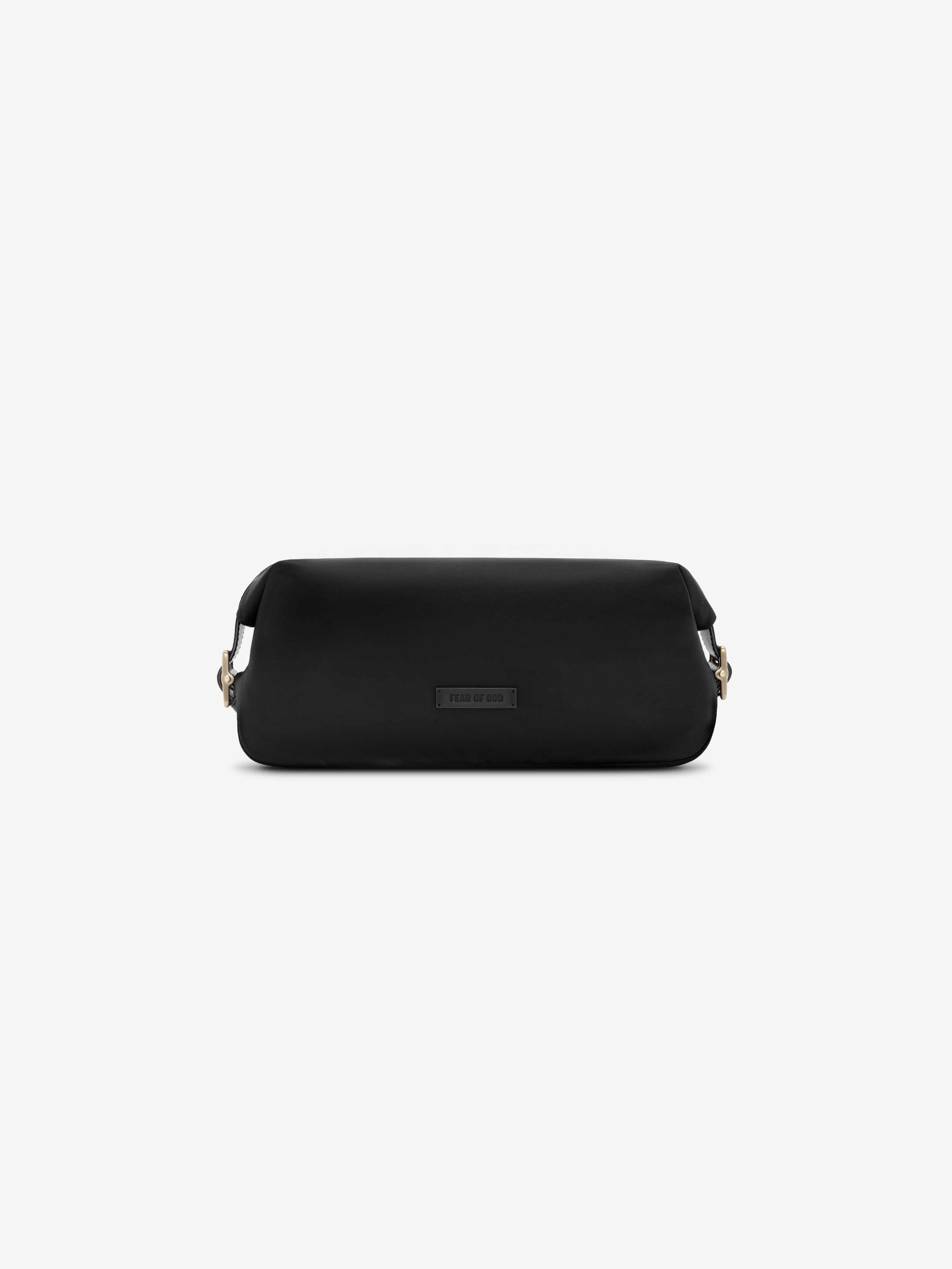 Black nylon pouch with rectangular logo patch and leather-trimmed adjustable side straps on plain background