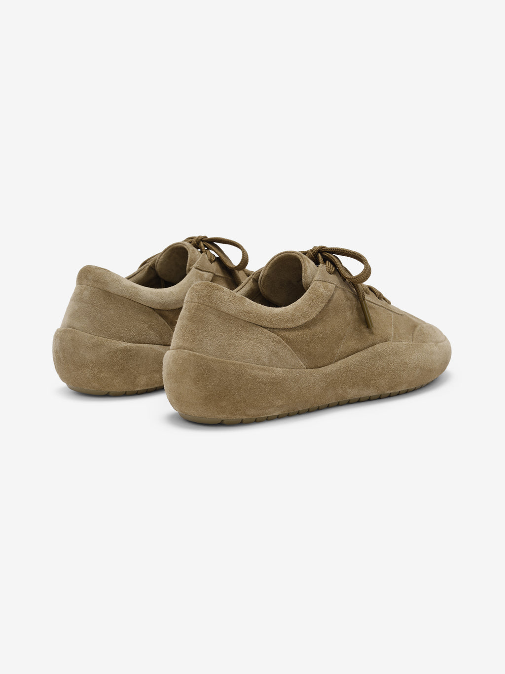 pair of light brown Italian suede low-profile Lace Up Runner sneakers shown from rear side angle