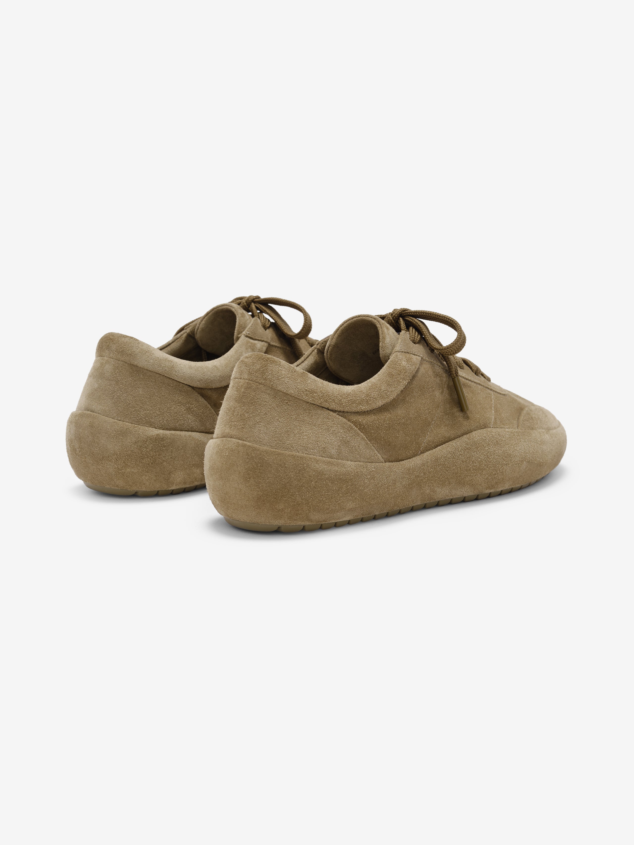 pair of light brown Italian suede low-profile Lace Up Runner sneakers shown from rear side angle