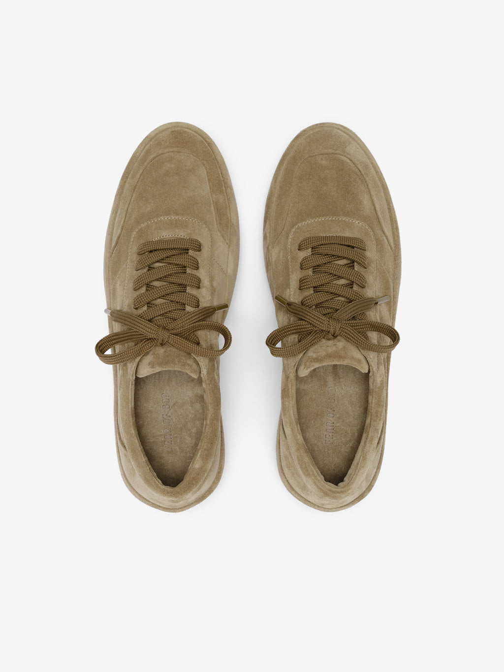 pair of tan Italian suede Lace Up Runner sneakers with tonal laces viewed from directly above on white background