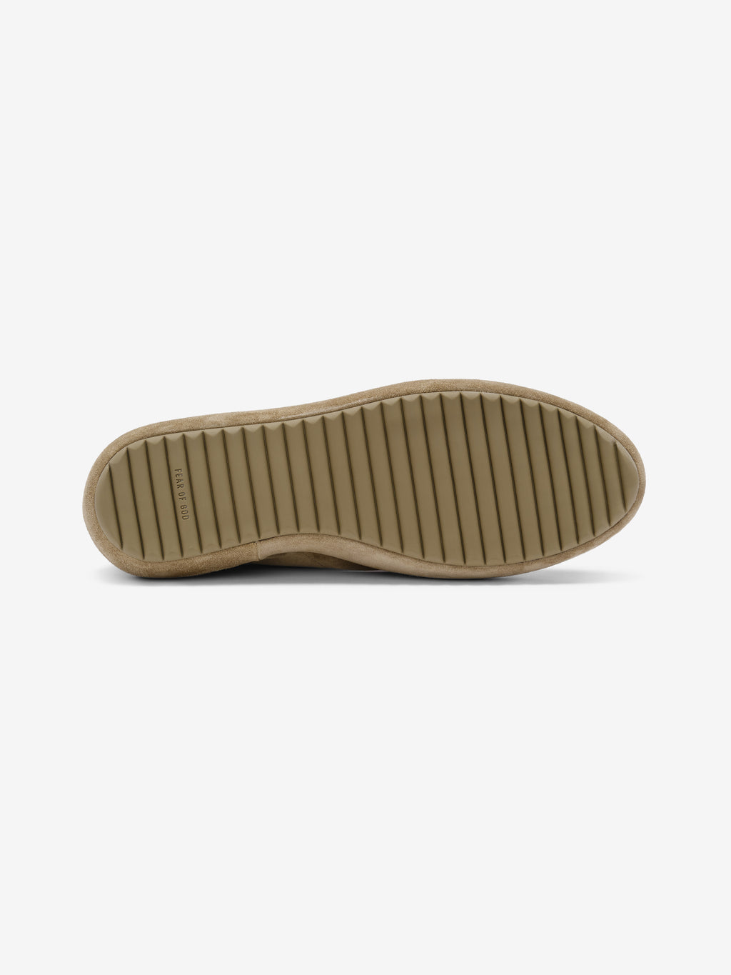 ribbed tan rubber outsole of Lace Up Runner Italian suede sneaker viewed from bottom on white background