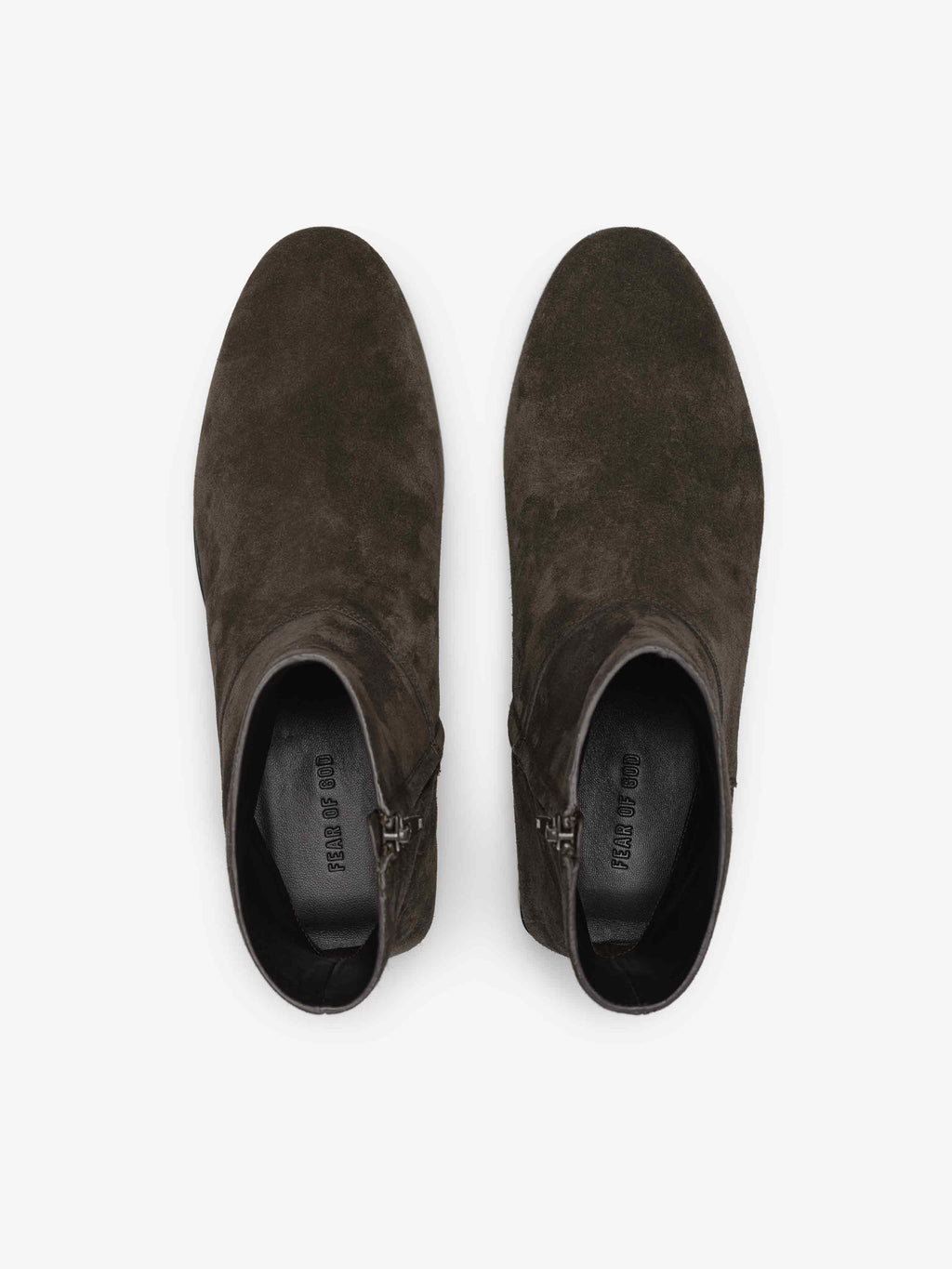 Suede Ankle Boot showcasing a dark brown suede upper with a streamlined almond toe, side zipper closure, and subtle inner branding for contemporary and versatile footwear style.