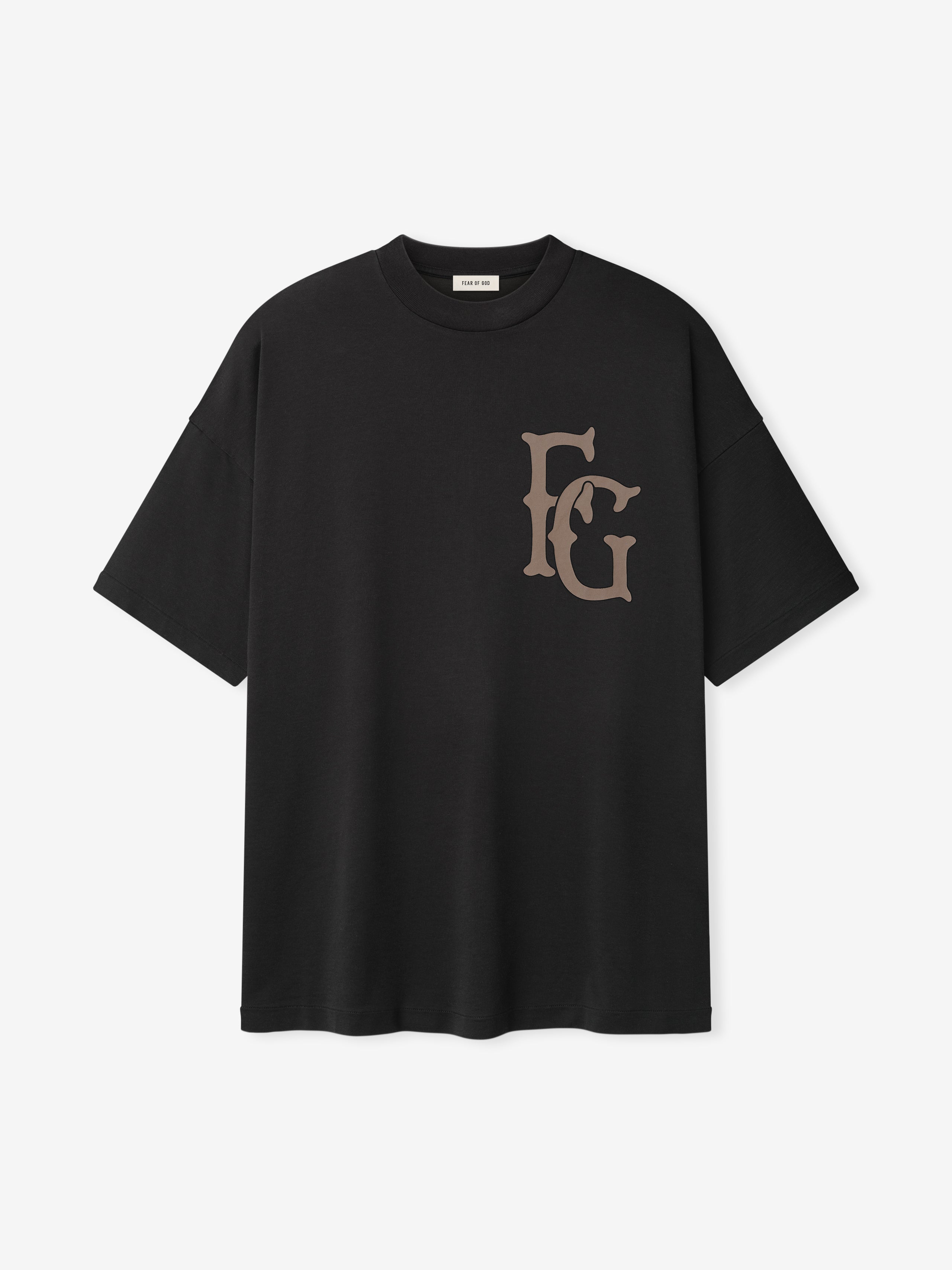black cotton-rayon short sleeve tee with brown vintage-style FG logo printed on left chest and crew neck collar
