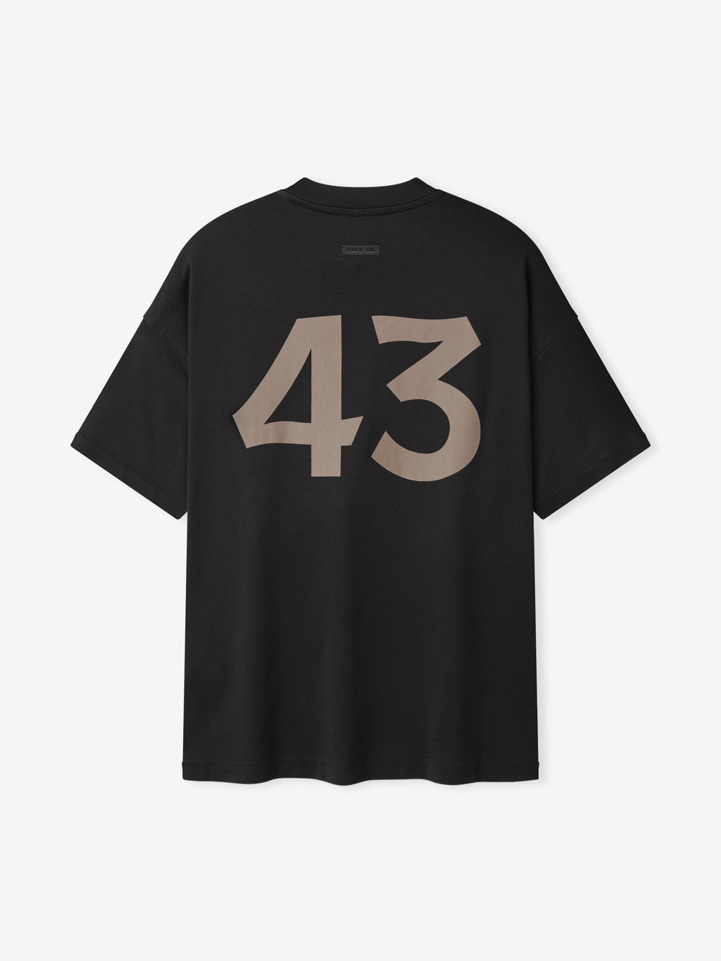 black cotton-rayon short sleeve tee with large taupe "43" printed on back and crew neck collar