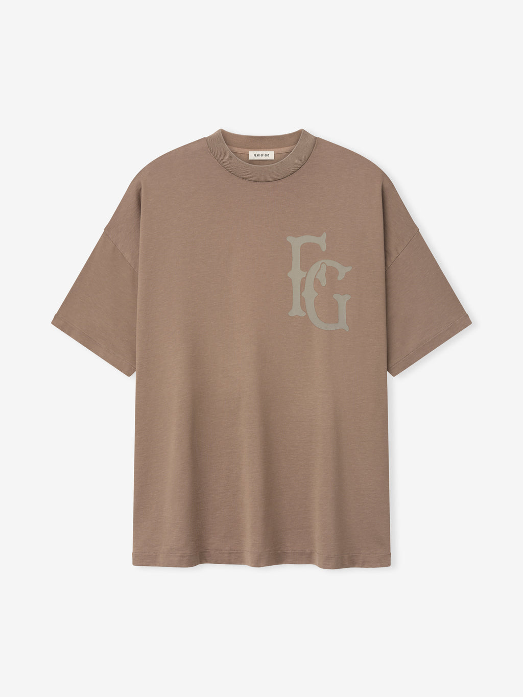taupe cotton-rayon crew neck tee with oversized vintage-style FG graphic printed on left chest