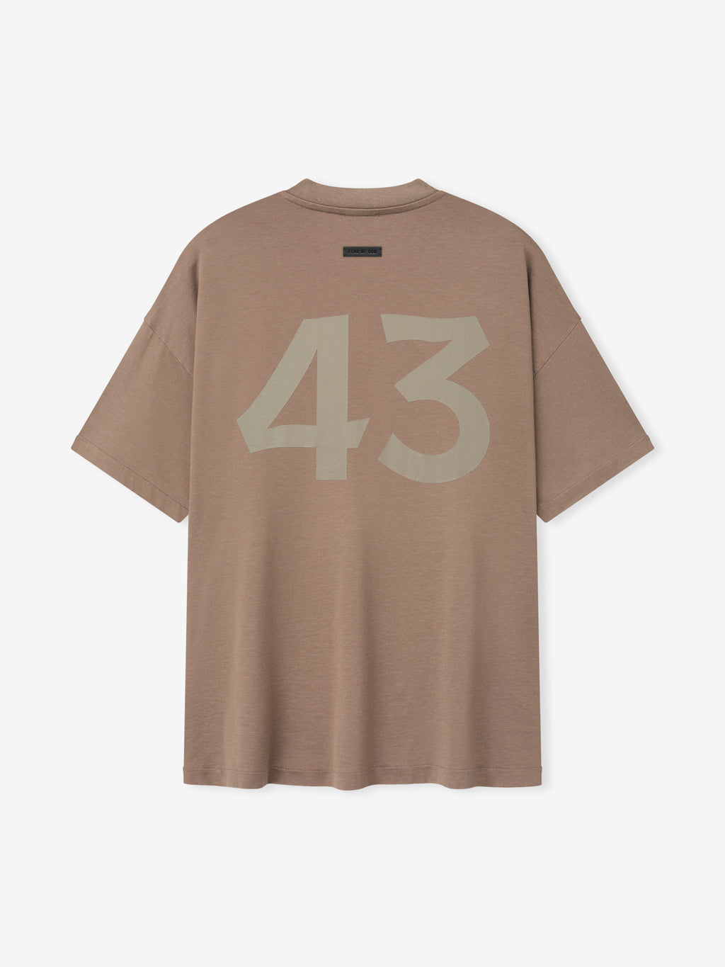stone-washed cotton-rayon tee in taupe with large off-white hand-printed "43" graphic on back and crew neck