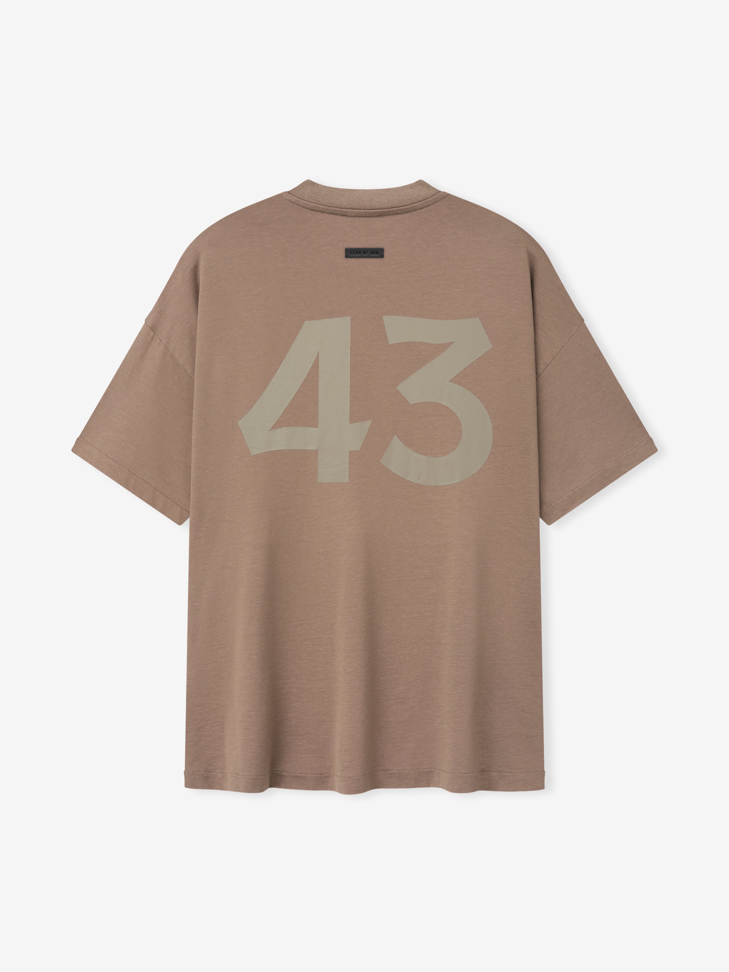 stone-washed cotton-rayon tee in taupe with large off-white hand-printed "43" graphic on back and crew neck