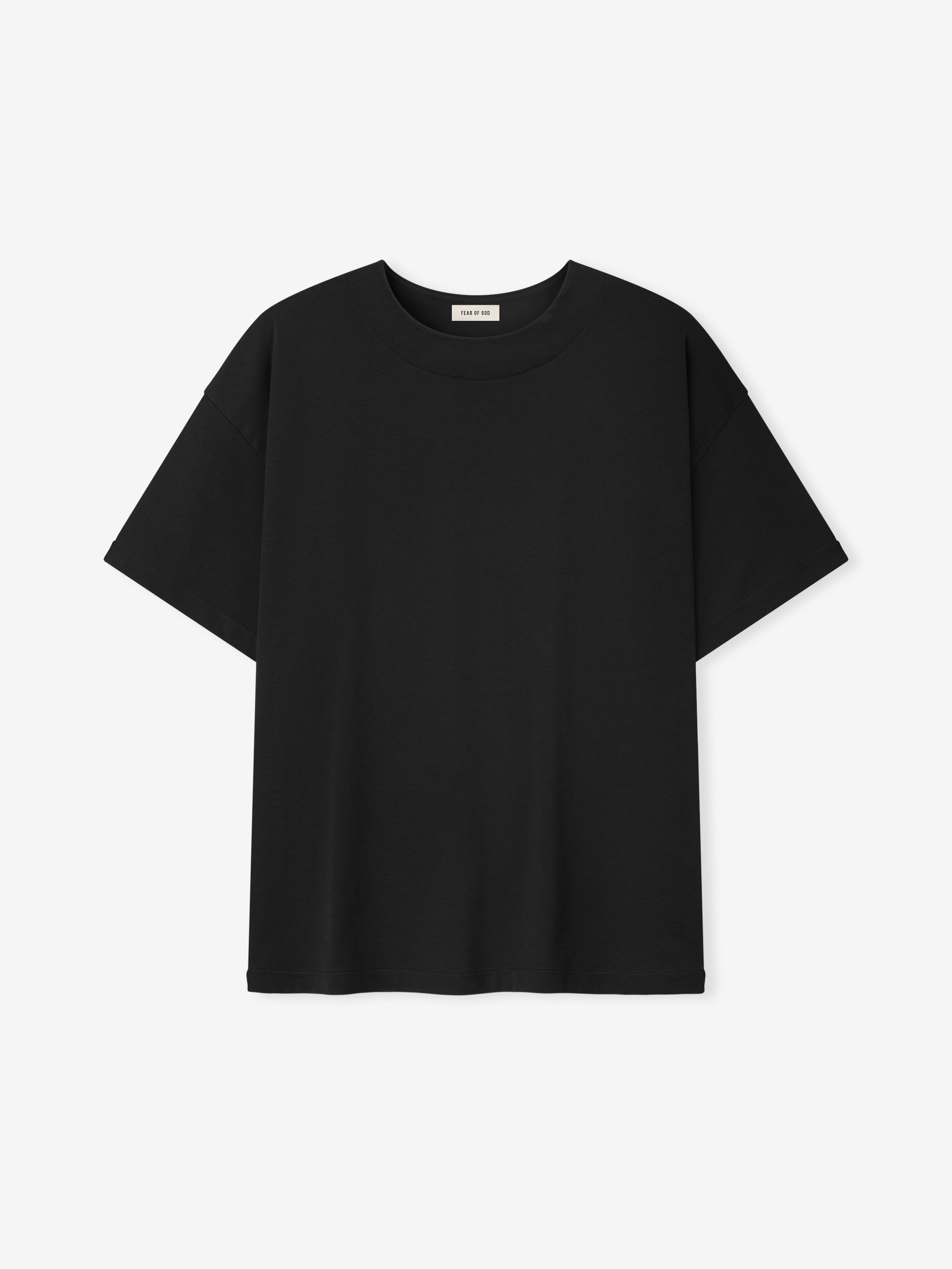 black cotton-rayon relaxed fit tee with clean crew neck and subtle garment wash finish displayed flat