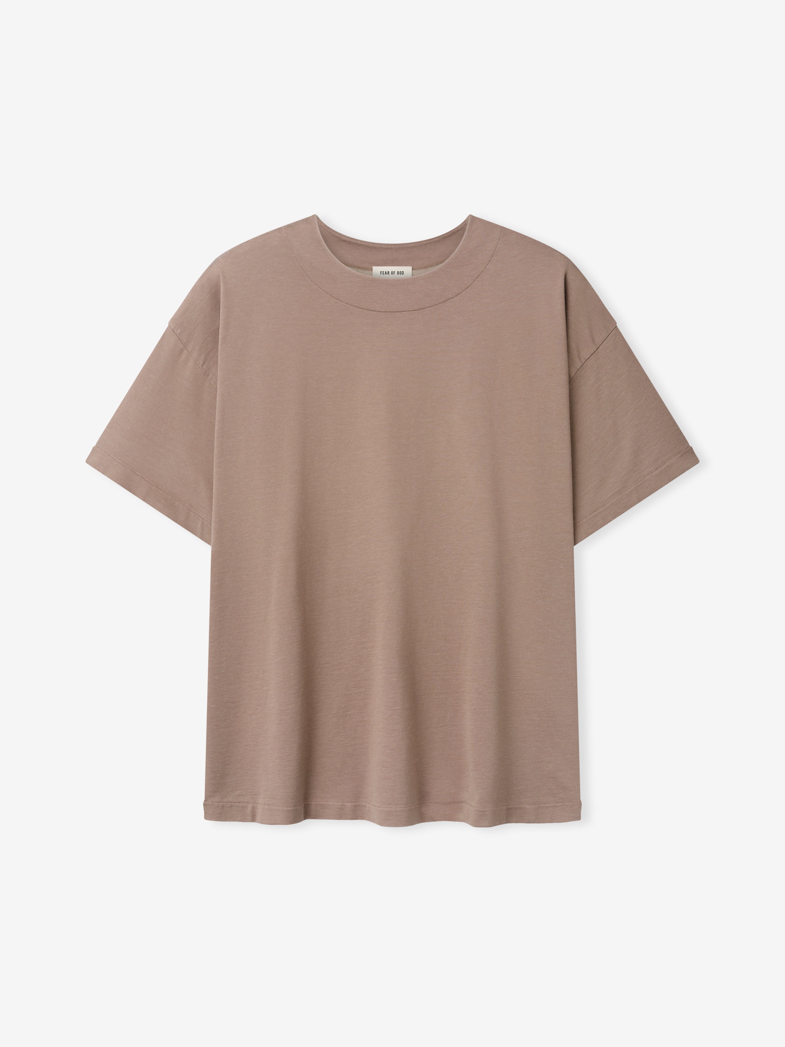 Plain short-sleeve crewneck t-shirt in muted dune beige laid flat on white background