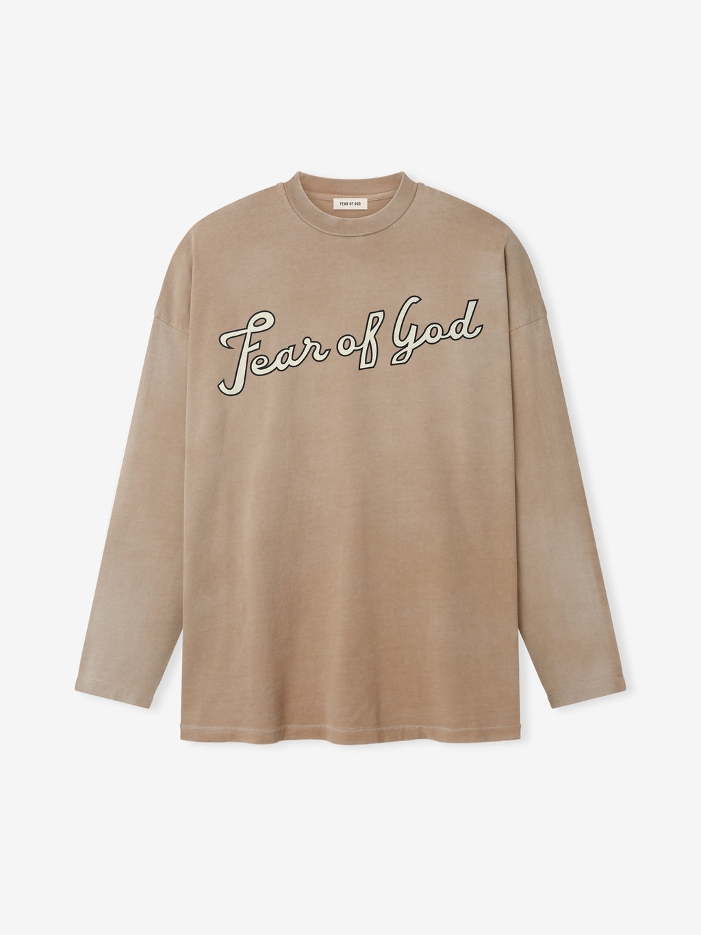 faded beige heavyweight cotton jersey long sleeve tee with cursive Fear of God graphic across the chest