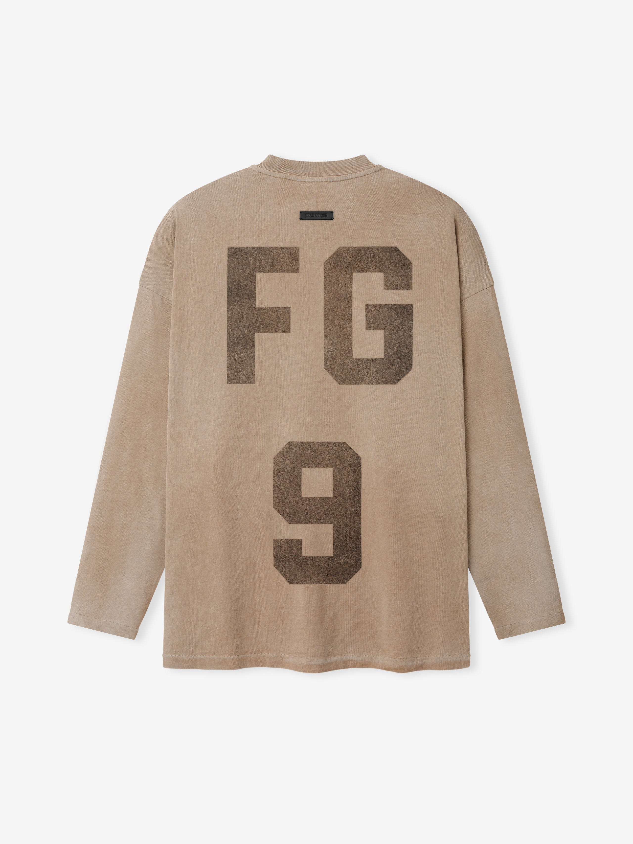 faded beige heavyweight cotton jersey long sleeve tee with large distressed "FG 9" print on back