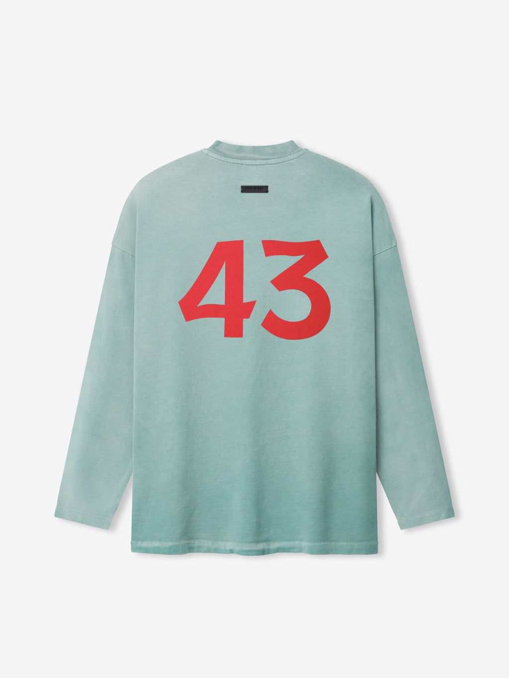 Light blue long-sleeve shirt with large bold red number "43" printed on the back on a plain background