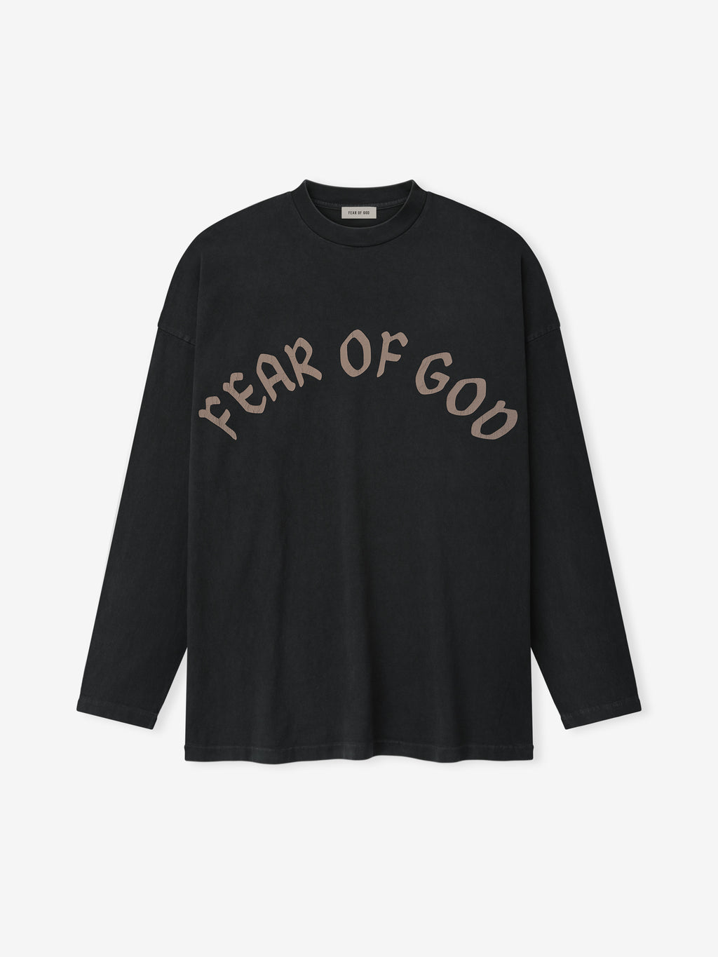 black heavyweight cotton long sleeve tee with arched "FEAR OF GOD" graphic in faded brown across the chest