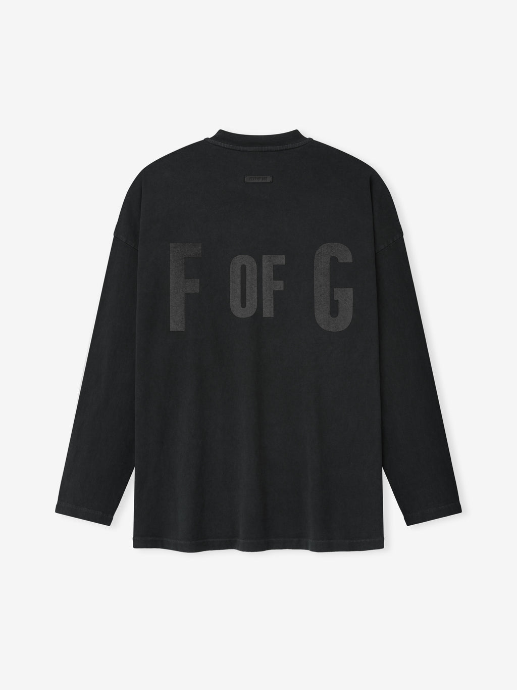 black heavyweight cotton long sleeve tee with large faded "F OF G" print across the back