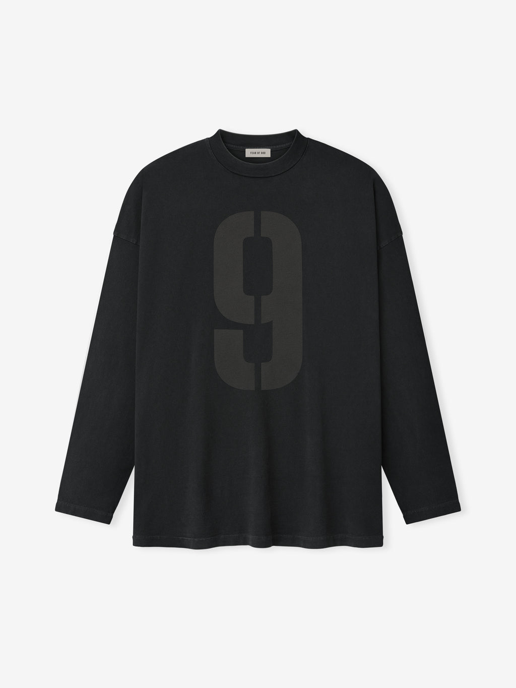black heavyweight cotton long sleeve tee with large tone-on-tone number 9 printed on front chest