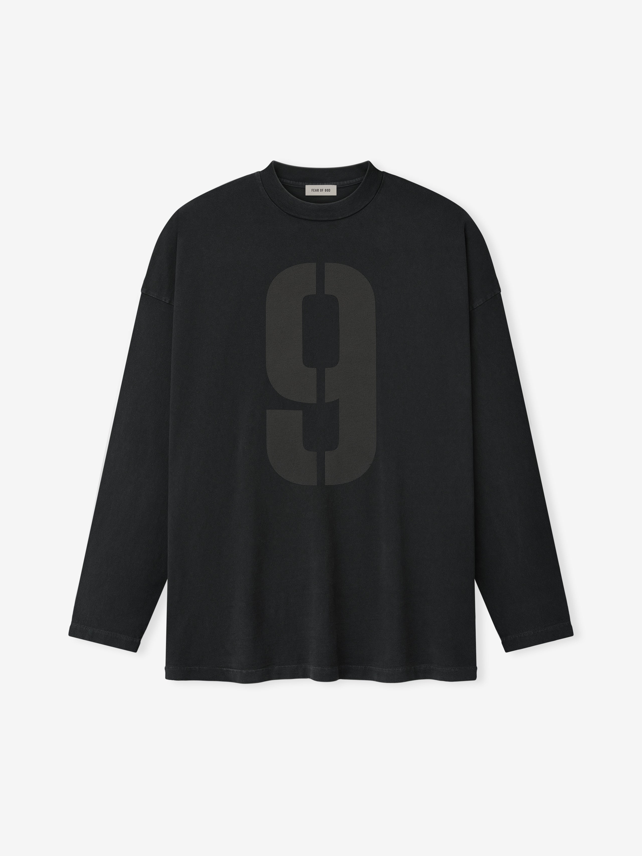 black heavyweight cotton long sleeve tee with large tone-on-tone number 9 printed on front chest