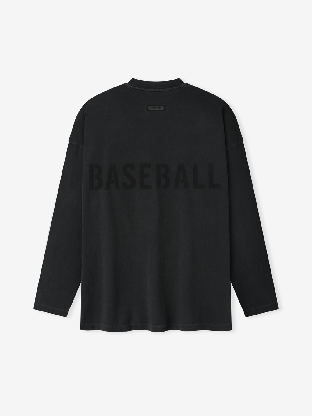 black heavyweight cotton long sleeve tee with large faded "BASEBALL" print across the upper back