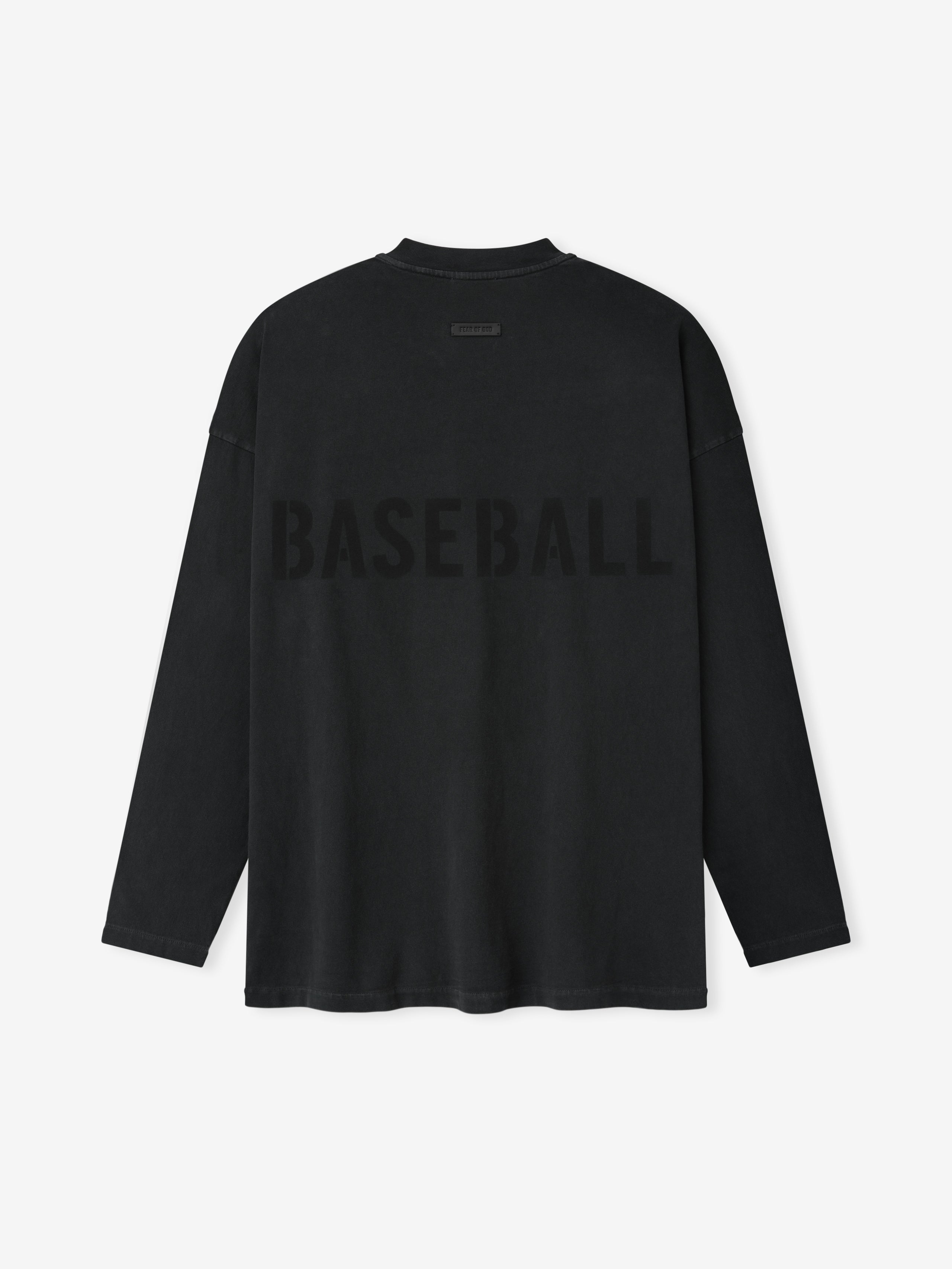 black heavyweight cotton long sleeve tee with large faded "BASEBALL" print across the upper back