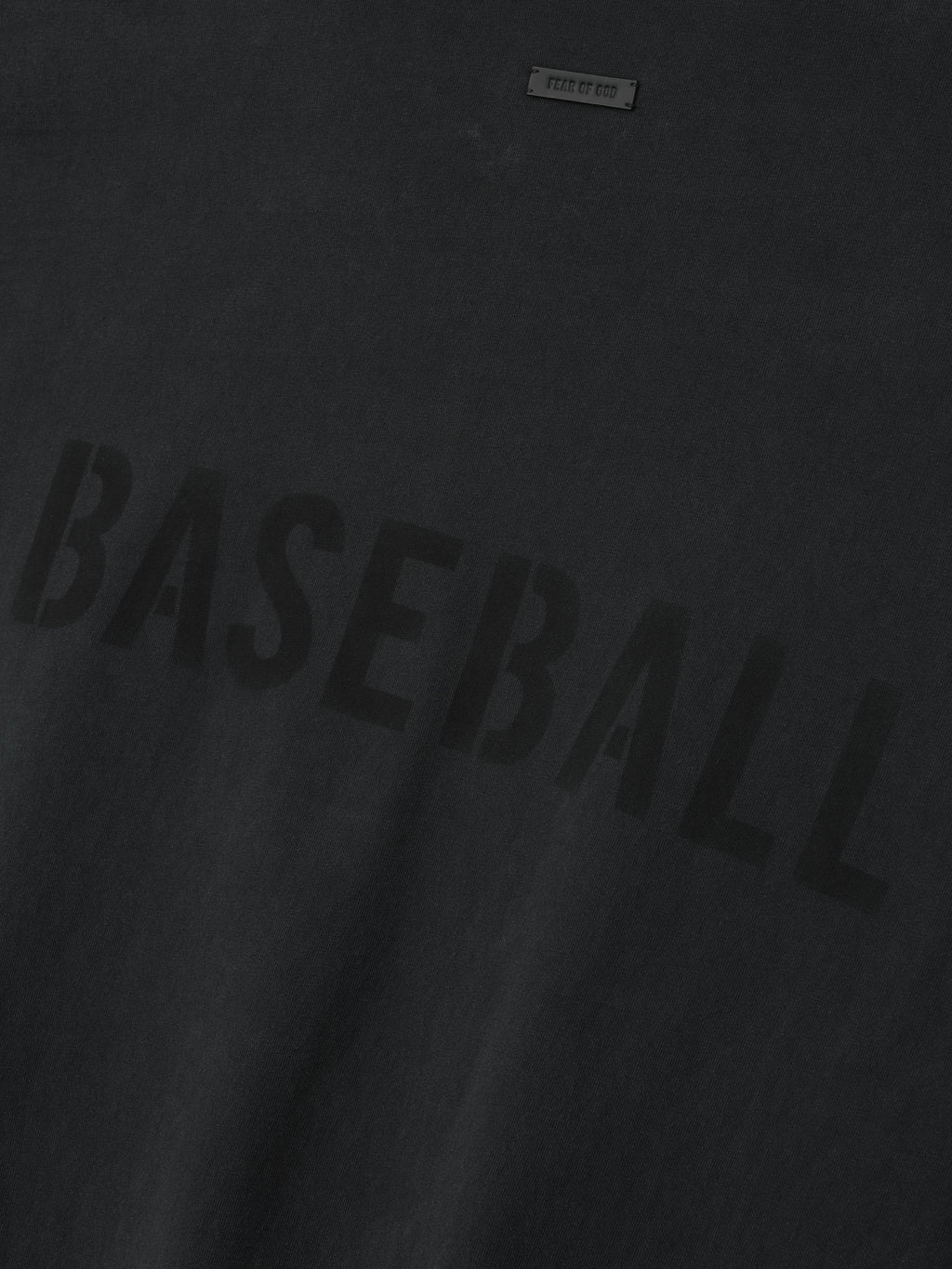 faded black heavyweight cotton long sleeve tee with large "BASEBALL" print in subtle tone on front chest