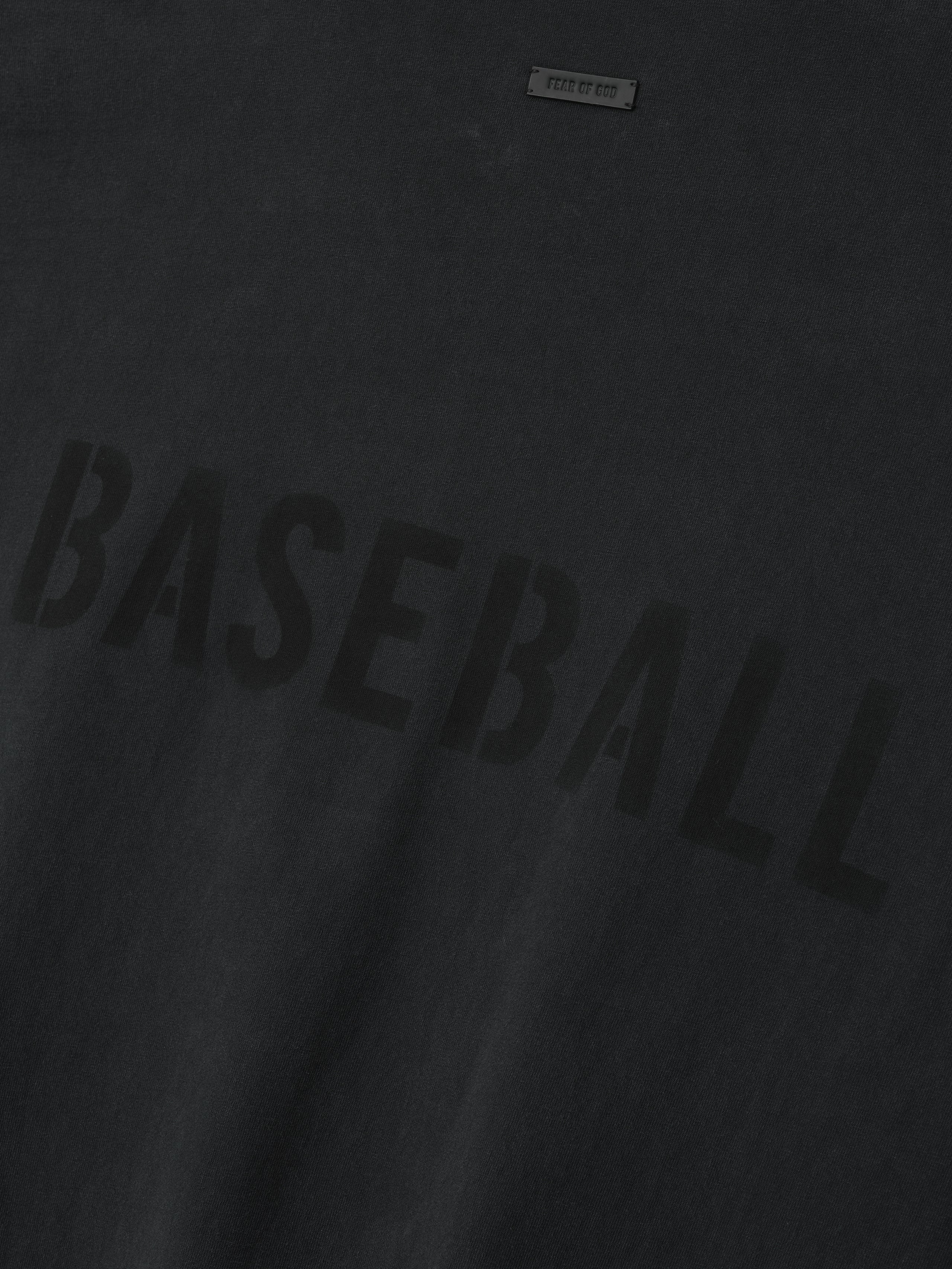 faded black heavyweight cotton long sleeve tee with large "BASEBALL" print in subtle tone on front chest