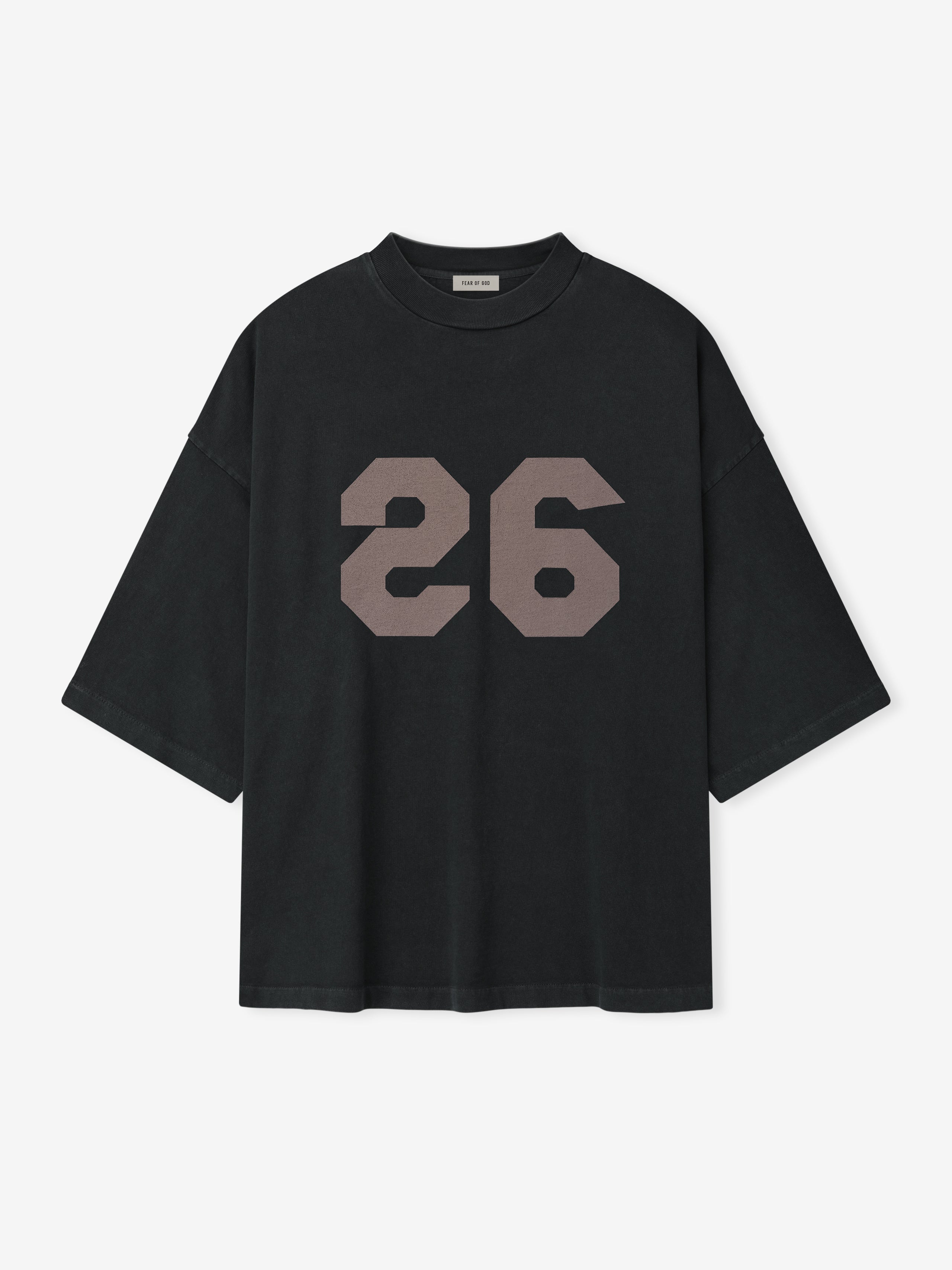 black heavyweight cotton jersey tee with oversized faded number 26 printed reversed on front chest