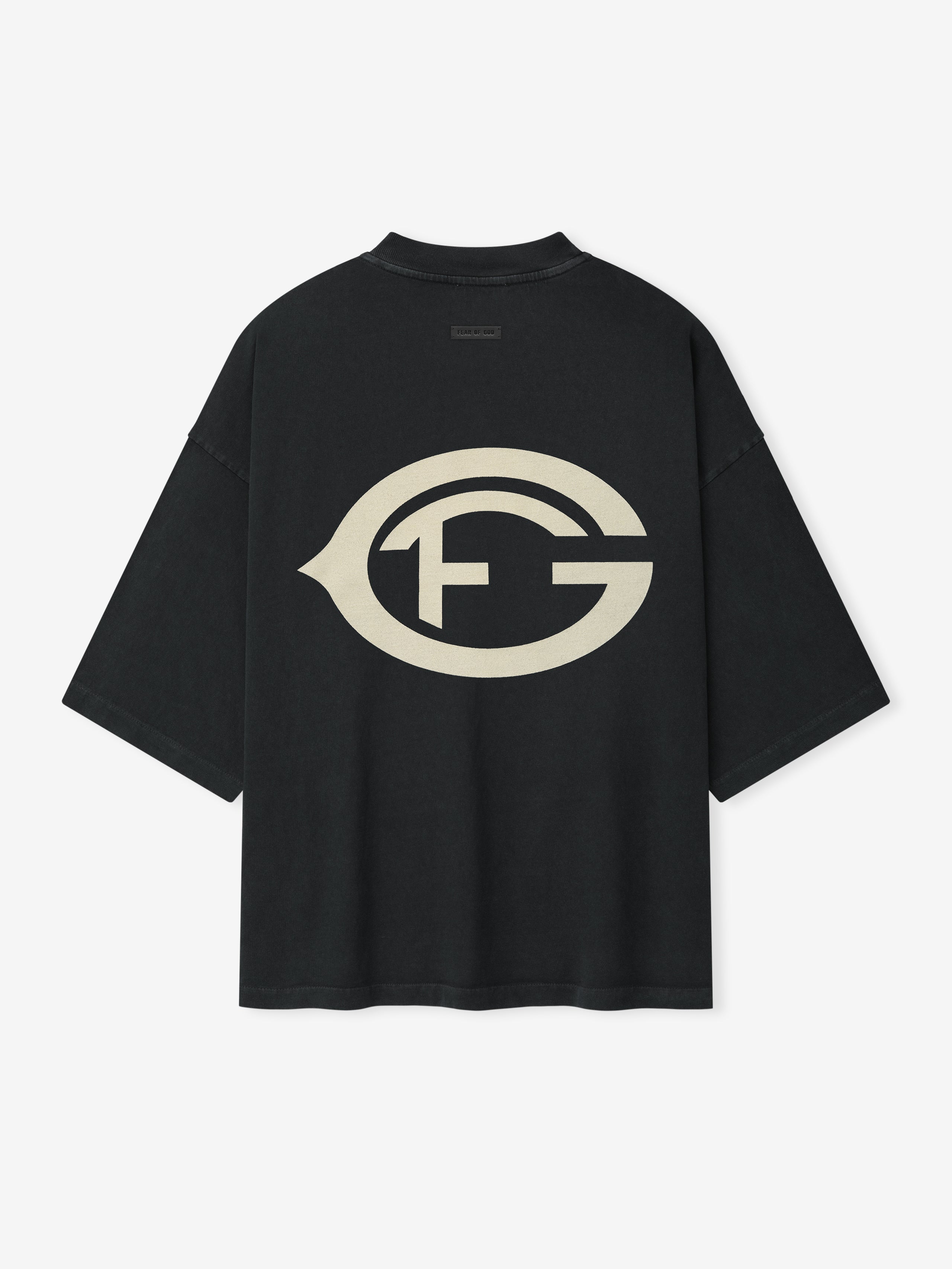 black heavyweight cotton tee with oversized stylized FG logo printed on the back in a vintage sun-faded finish