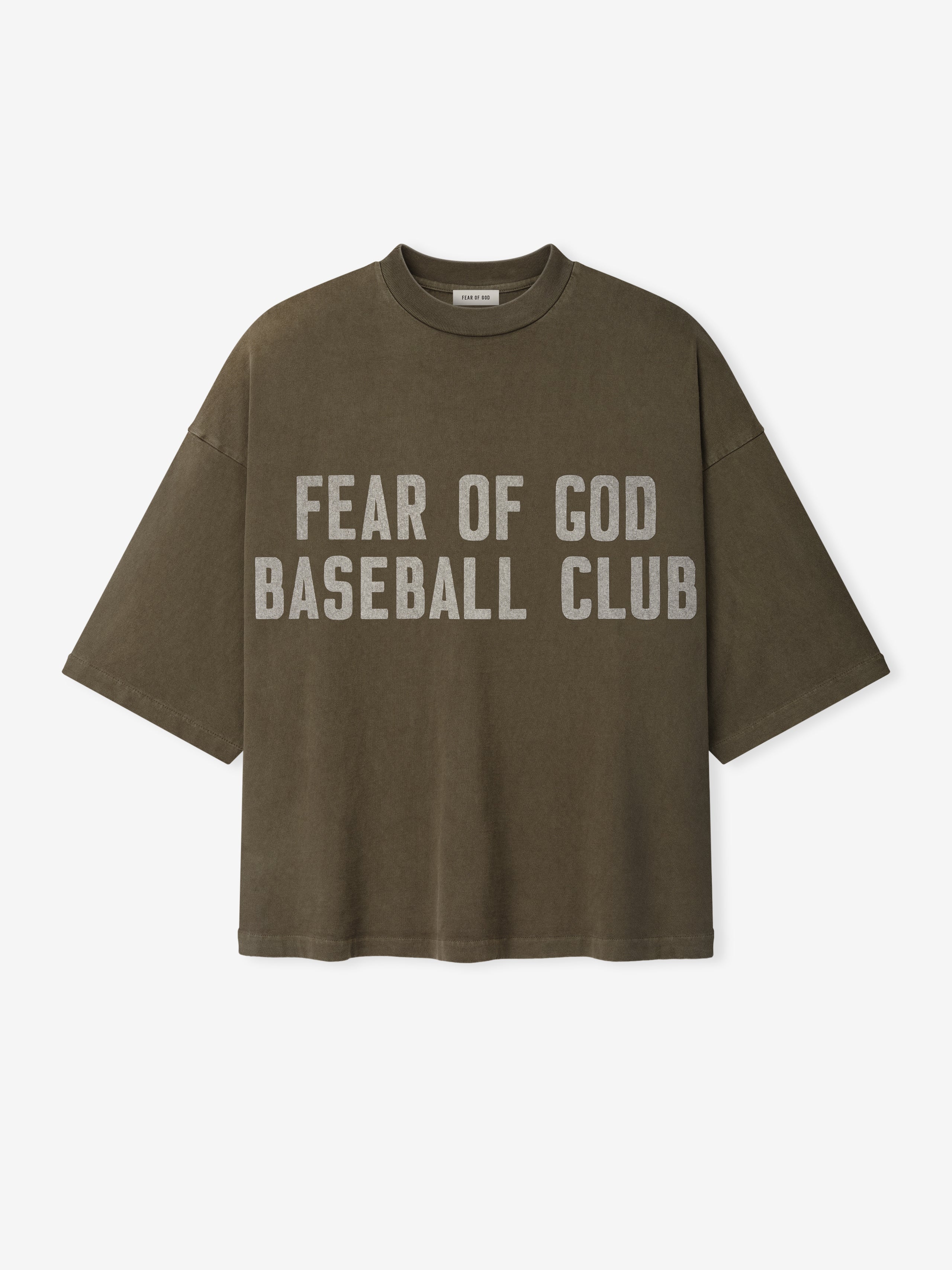 Olive green oversized t-shirt with distressed light gray "FEAR OF GOD BASEBALL CLUB" text on front