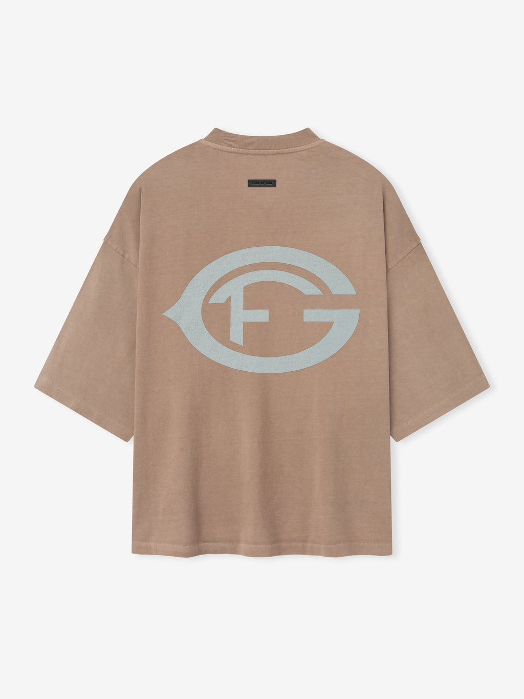 faded taupe heavyweight cotton tee with oversized light gray FG logo printed on back in vintage style