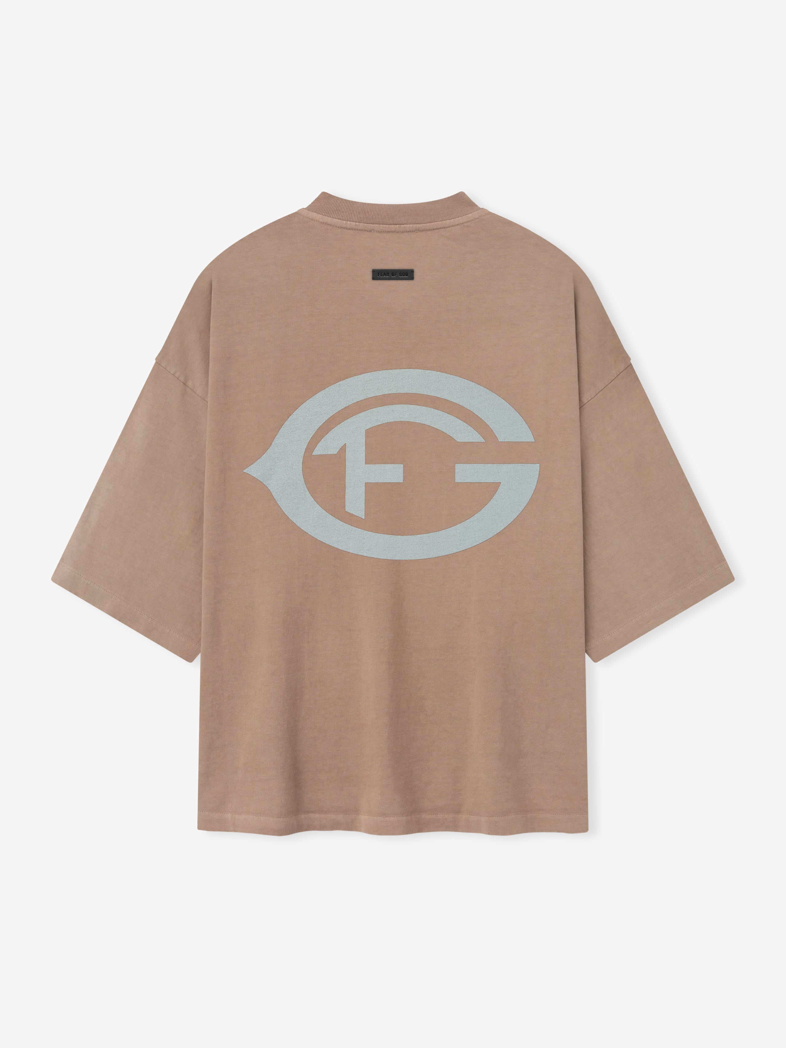 faded taupe heavyweight cotton tee with oversized light gray FG logo printed on back in vintage style