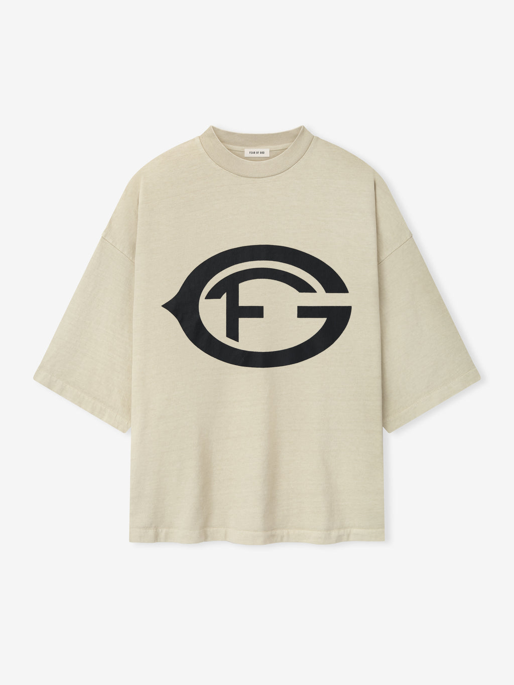 heavyweight beige cotton tee with oversized black FG emblem printed across front chest in vintage style
