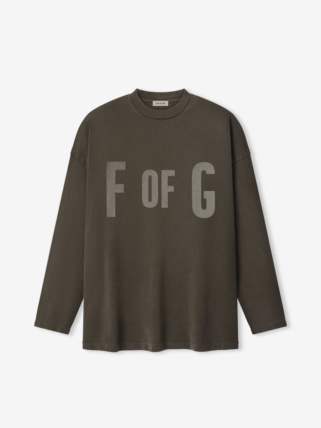 Long-sleeve faded brown crewneck shirt with large "F OF G" text printed across the front panel