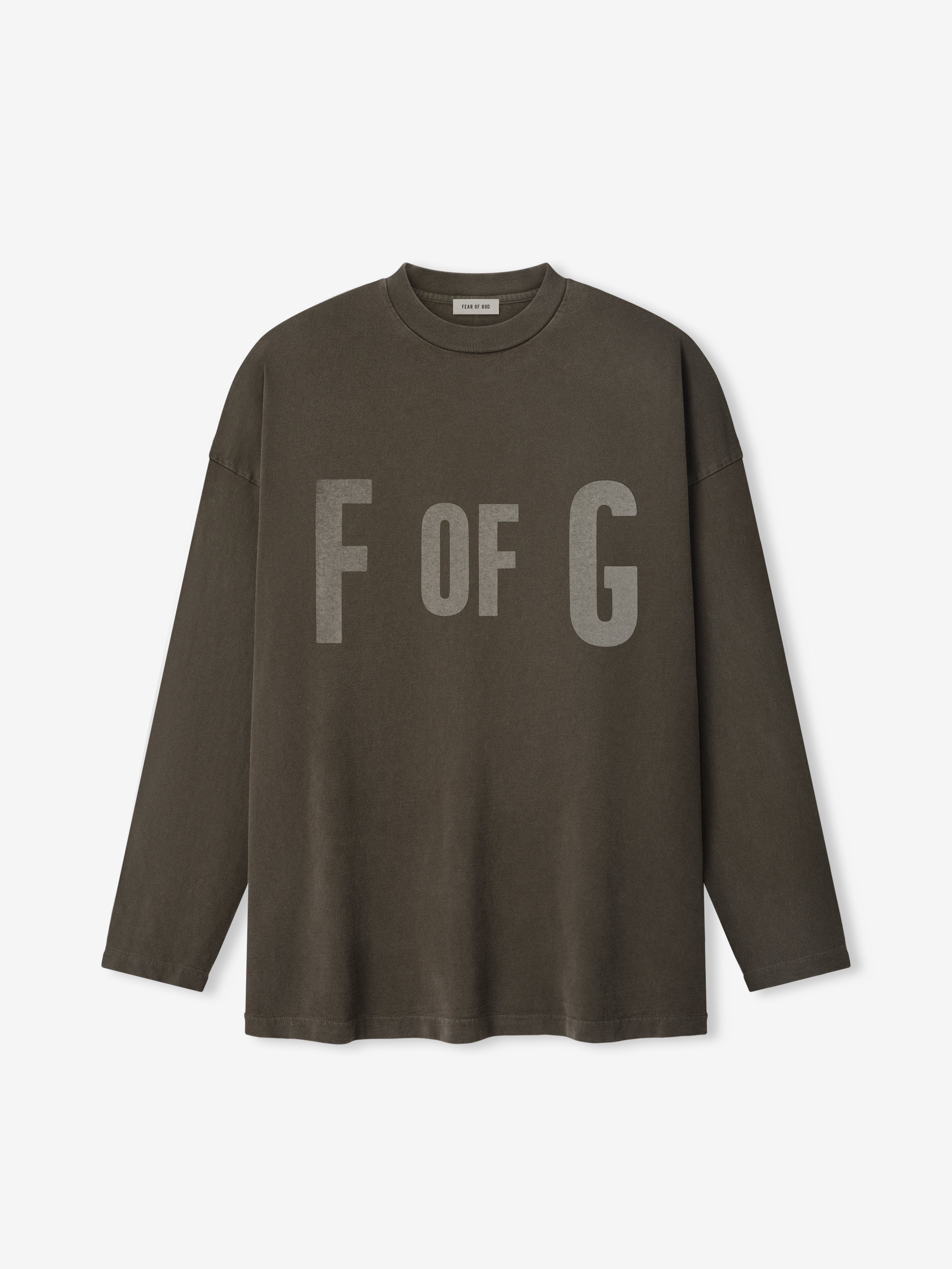 Long-sleeve faded brown crewneck shirt with large "F OF G" text printed across the front panel