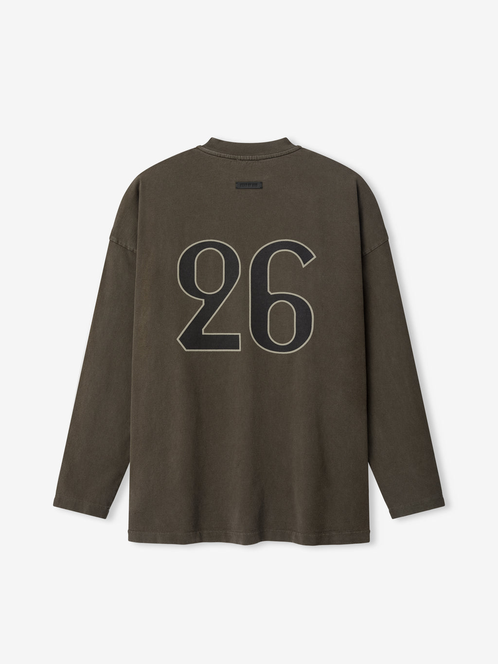 Faded brown long-sleeve shirt with large outlined number "26" printed on the back panel