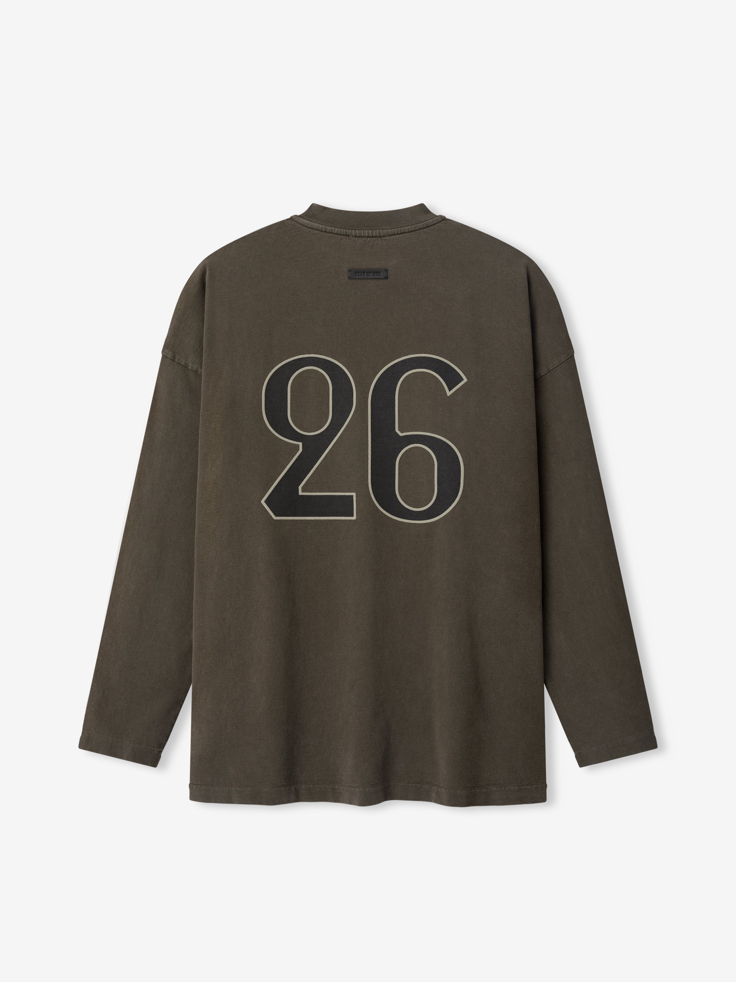 Faded brown long-sleeve shirt with large outlined number "26" printed on the back panel