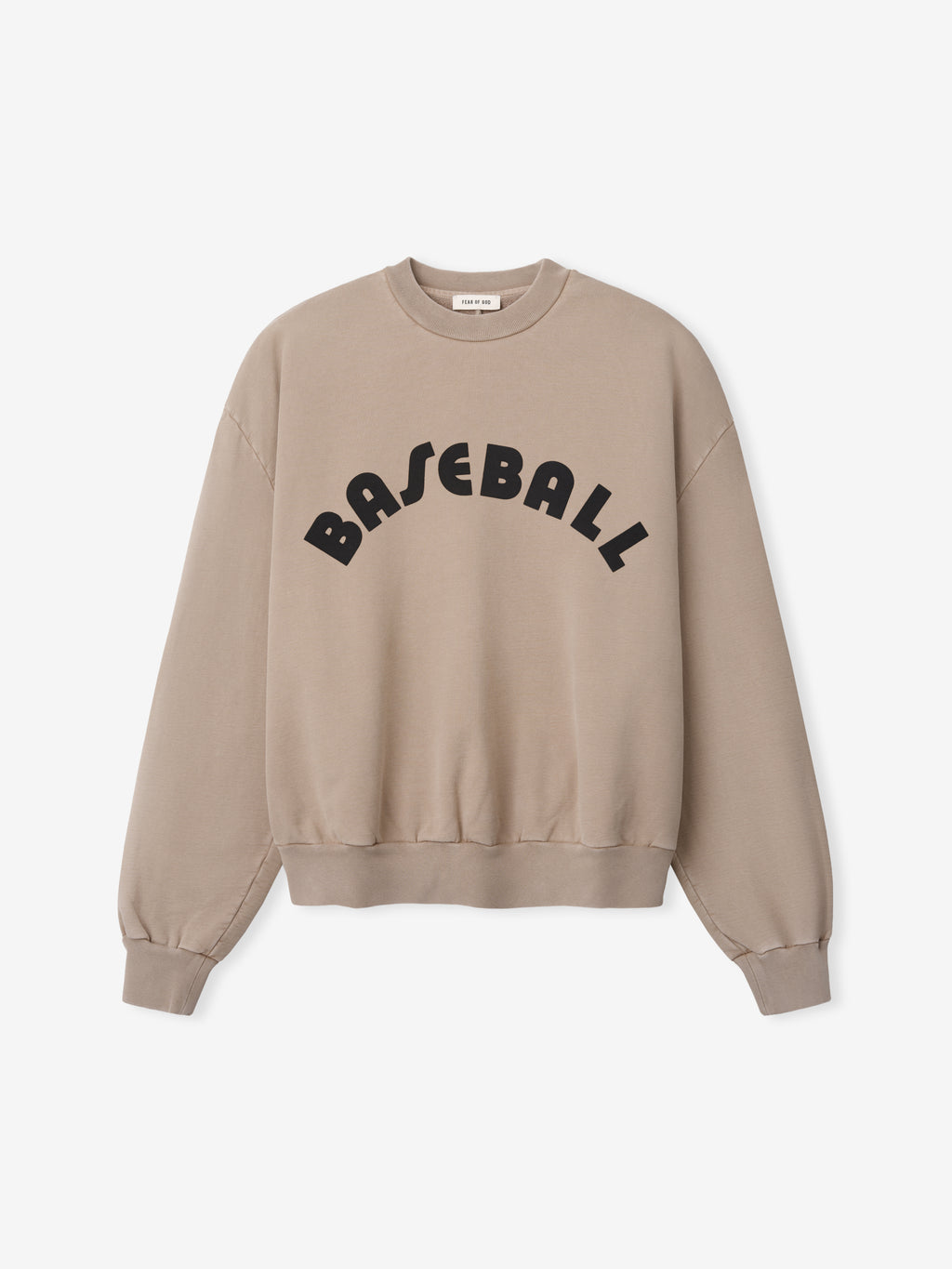 Light brown cotton sweatshirt with large black arched "BASEBALL" text across the front and ribbed cuffs and hem