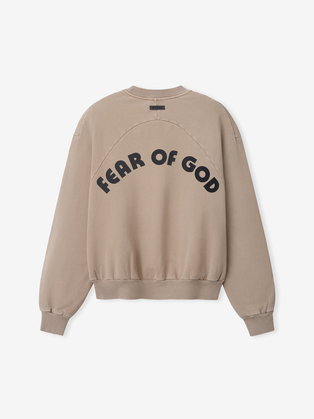 Back view of dune-colored sweatshirt with bold black "FEAR OF GOD" text in arched layout and ribbed cuffs and hem