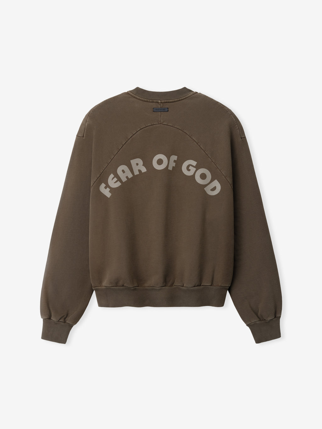 Back view of washed brown cotton sweatshirt with light beige arched "FEAR OF GOD" text and ribbed cuffs and hem