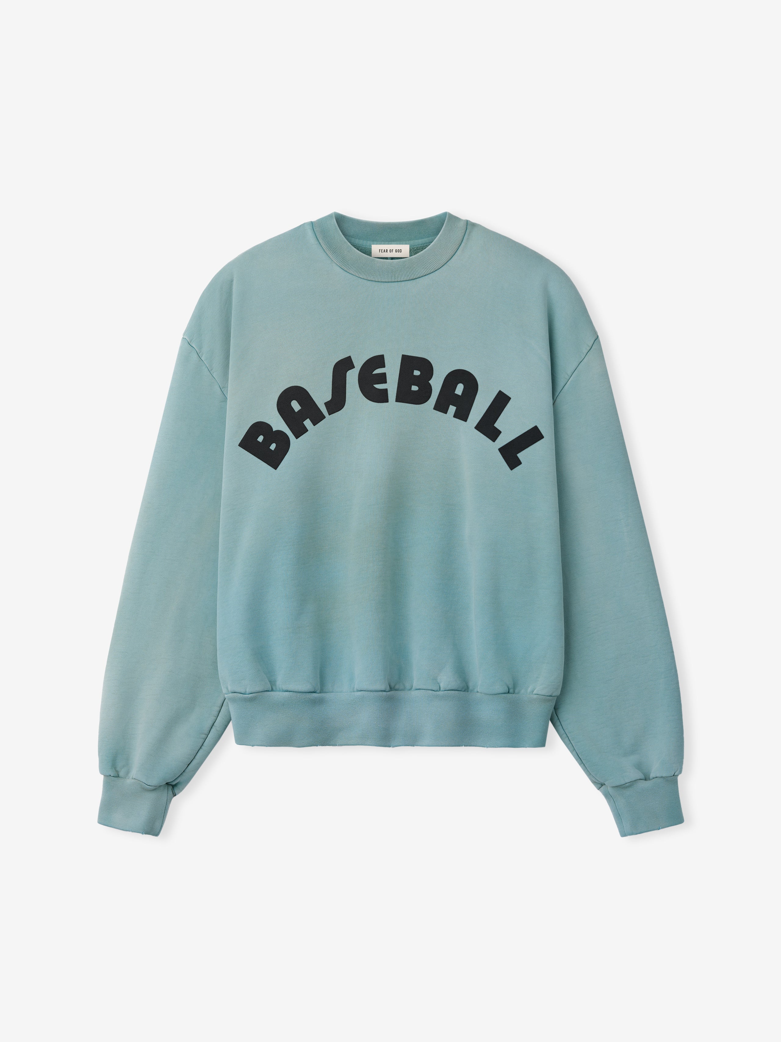 light teal heavyweight cotton fleece sweatshirt with oversized curved black "BASEBALL" text on front chest