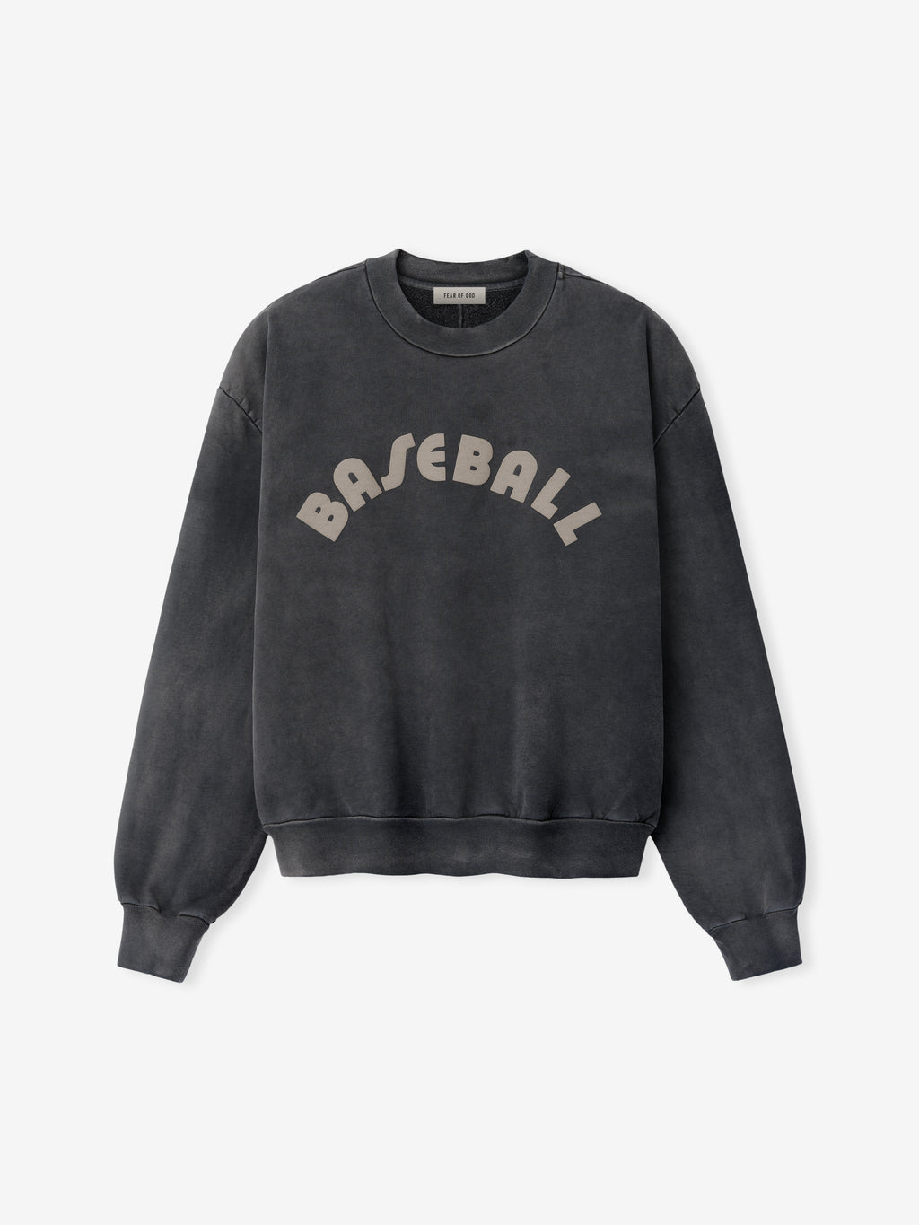 Off-black washed cotton sweatshirt with arched beige "BASEBALL" text and ribbed cuffs and hem