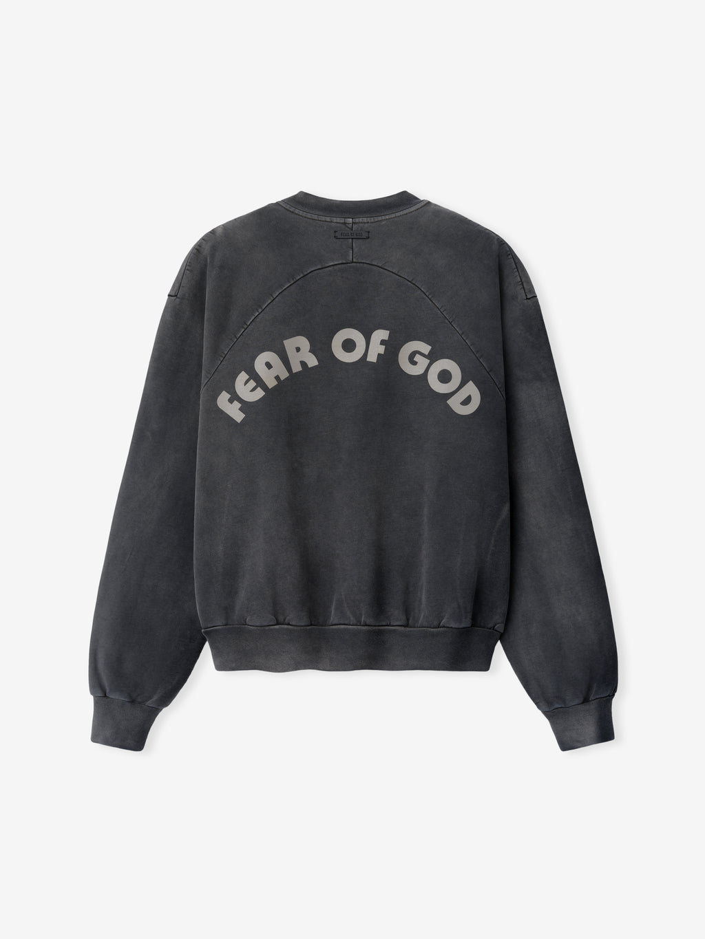 Back view of off-black washed cotton sweatshirt with bold arched beige "FEAR OF GOD" text and ribbed cuffs and hem