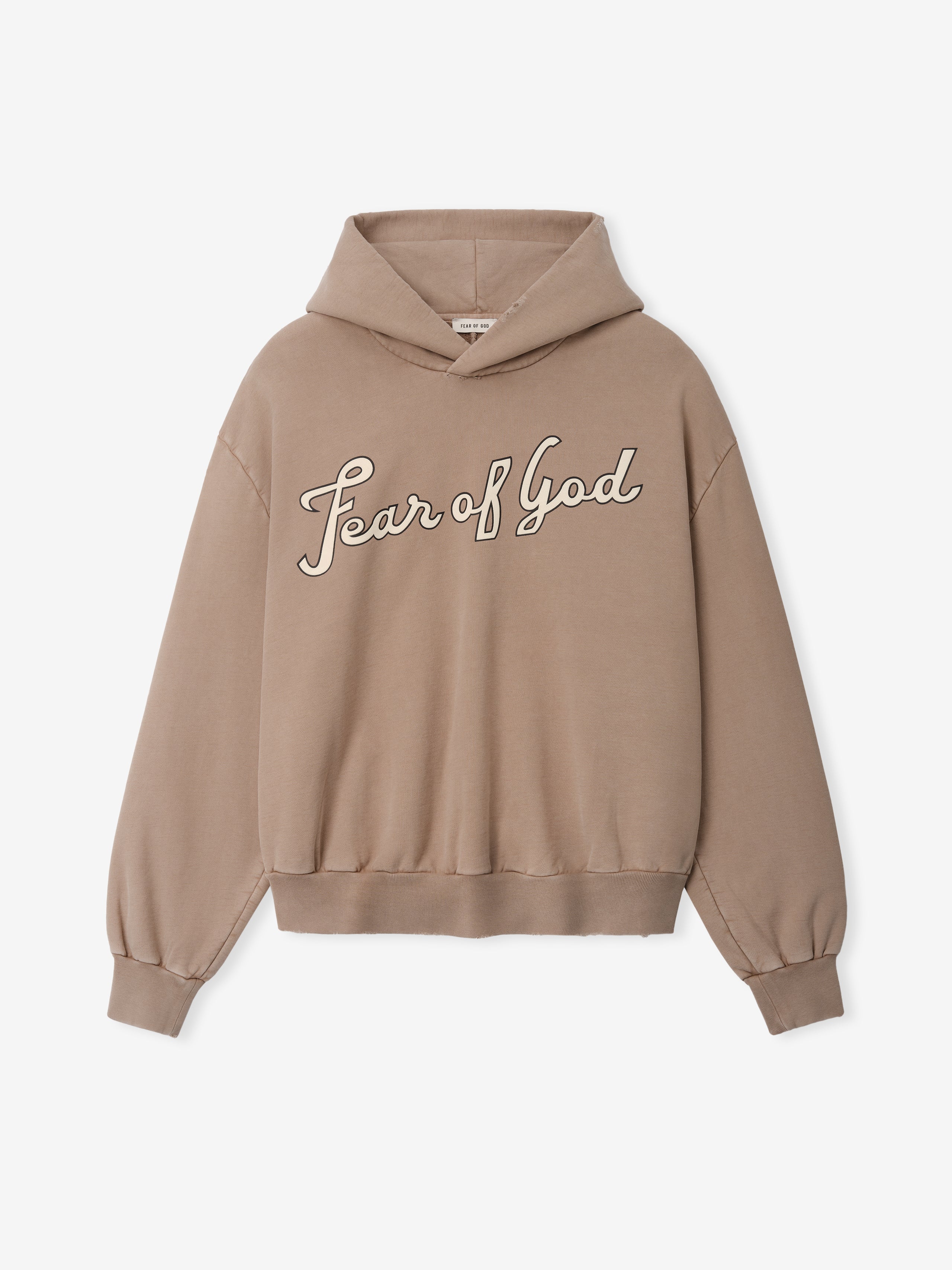 Taupe-colored hoodie with white cursive "Fear of God" lettering across the chest on a plain background