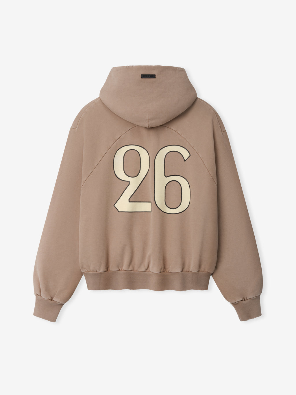 Back view of a dune-colored hoodie with a large cream-colored number 26 printed on the back