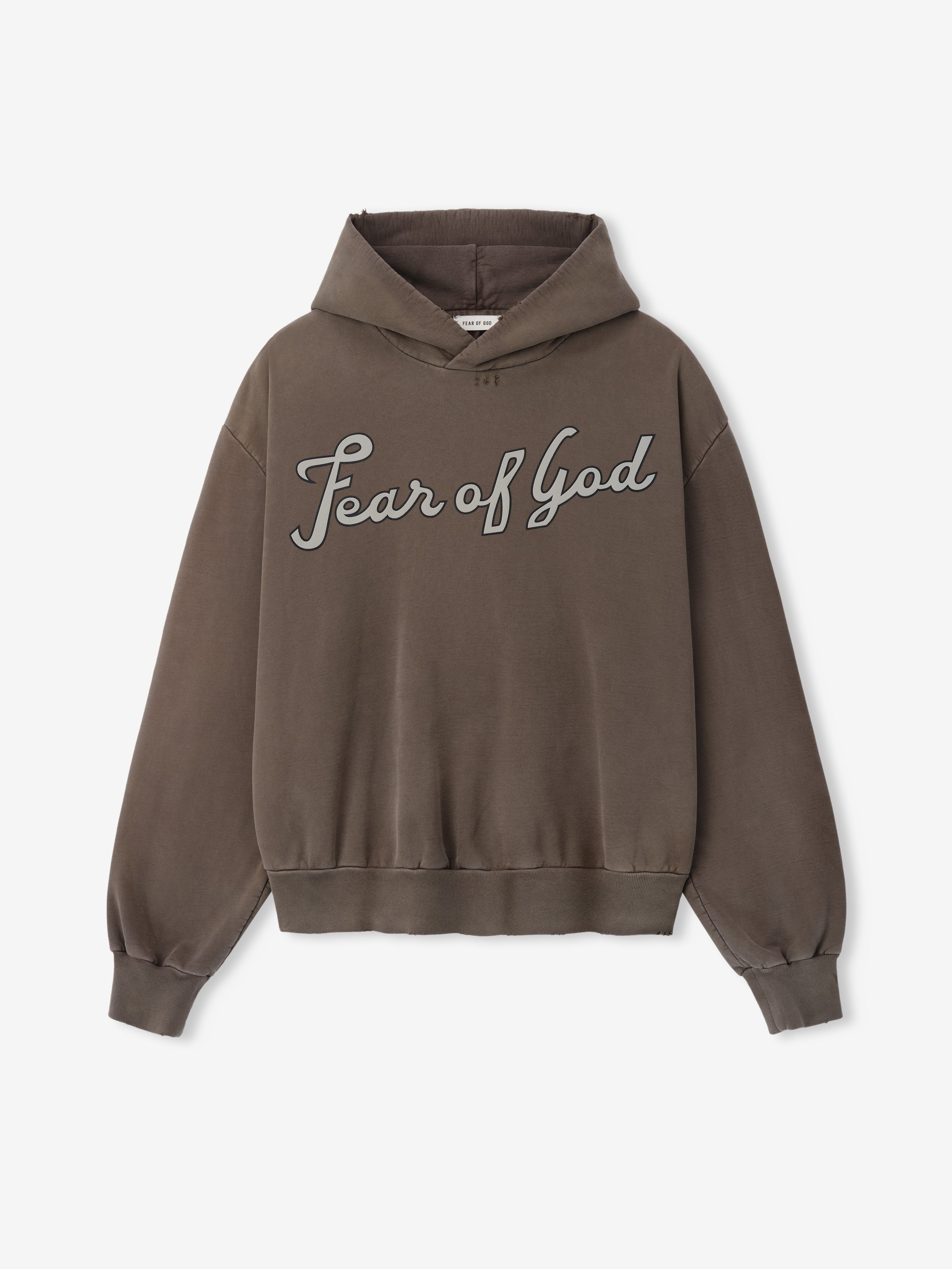 vintage washed brown heavyweight cotton fleece hoodie with hand-printed "Fear of God" script on front chest