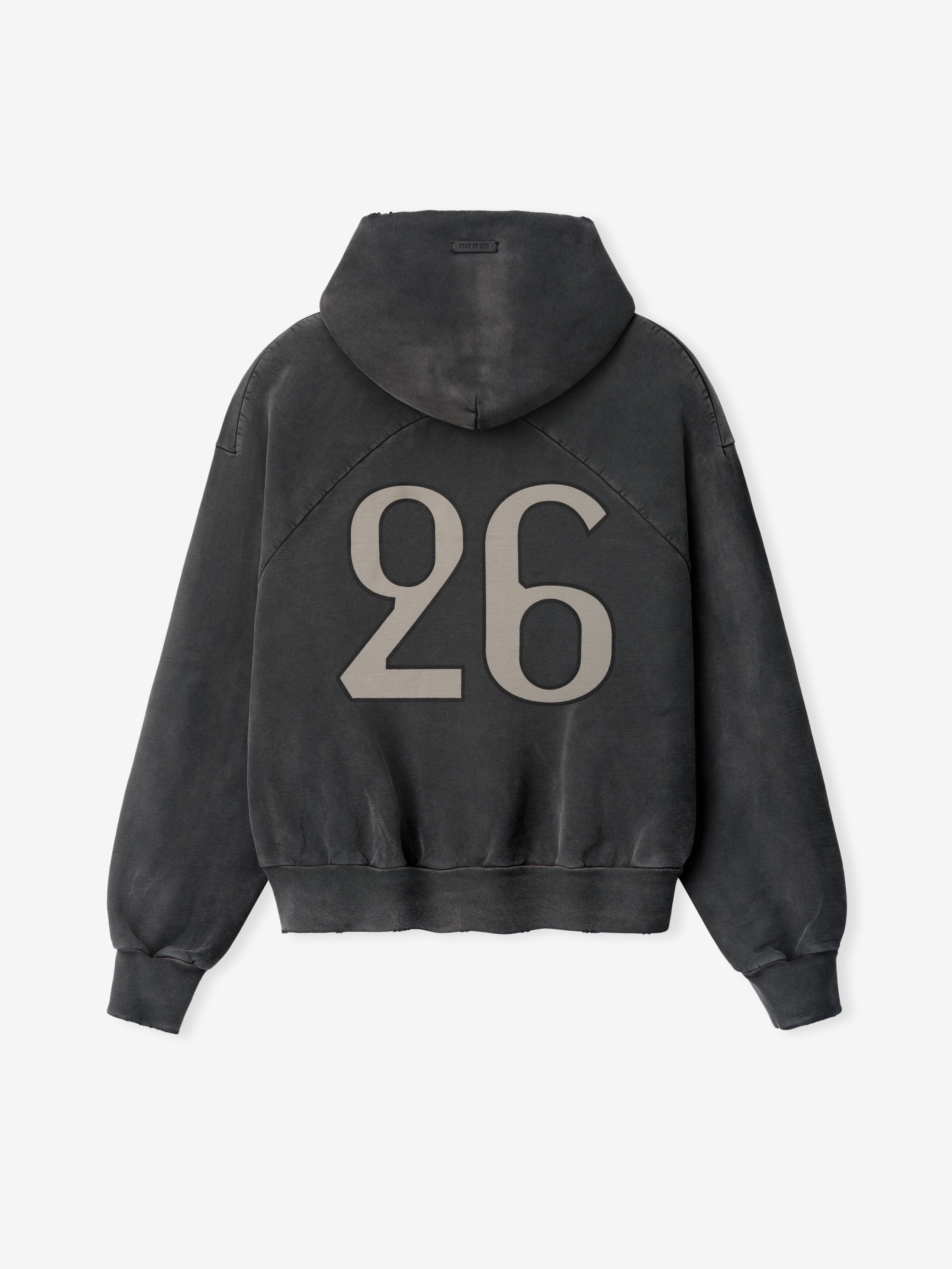 Off-black washed cotton hoodie with large gray "26" printed on the back and ribbed cuffs and waistband